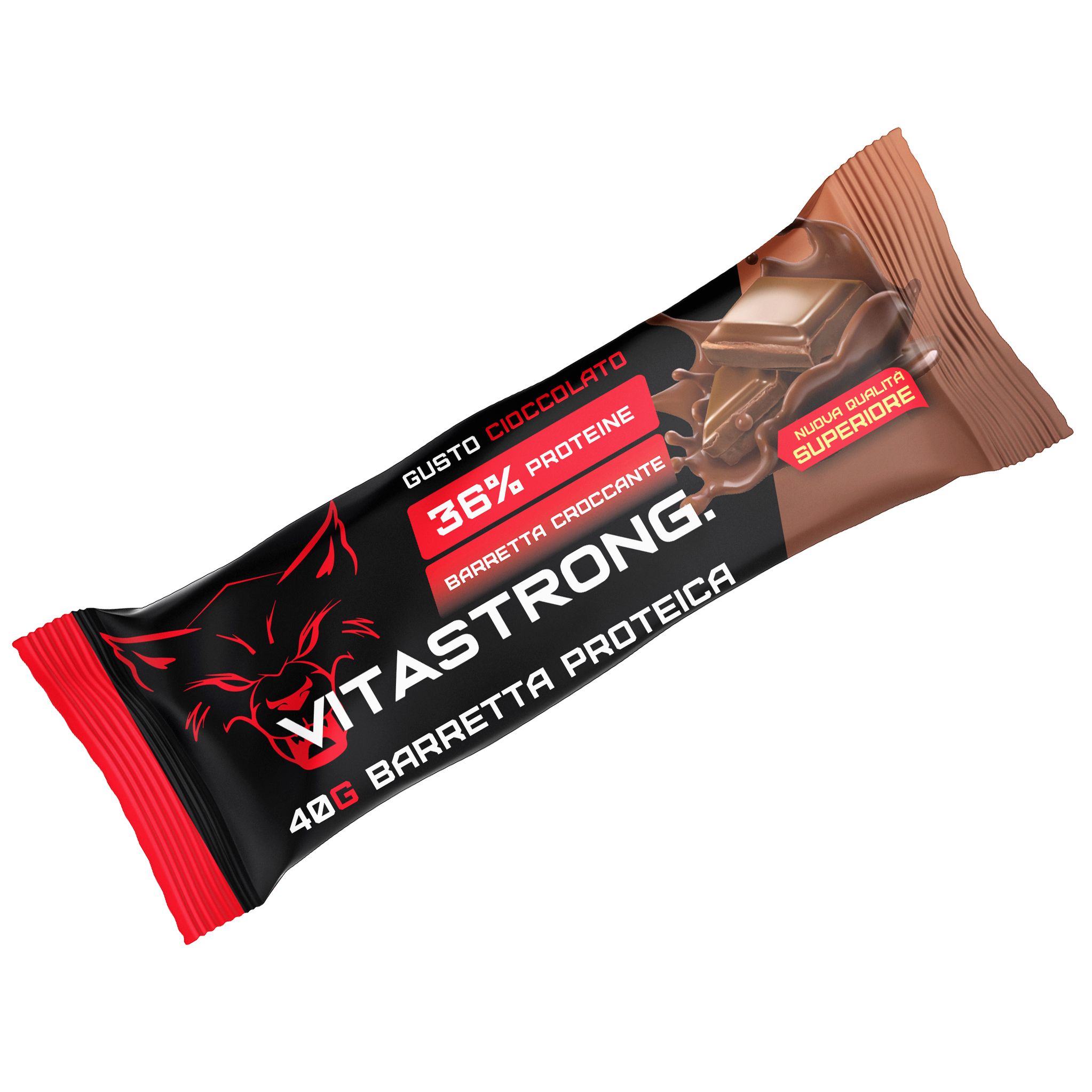 Barretta proteica confezionata. Scritta: Vitastrong, 36% proteine, 40g Barretta Proteica, gusto cioccolato.