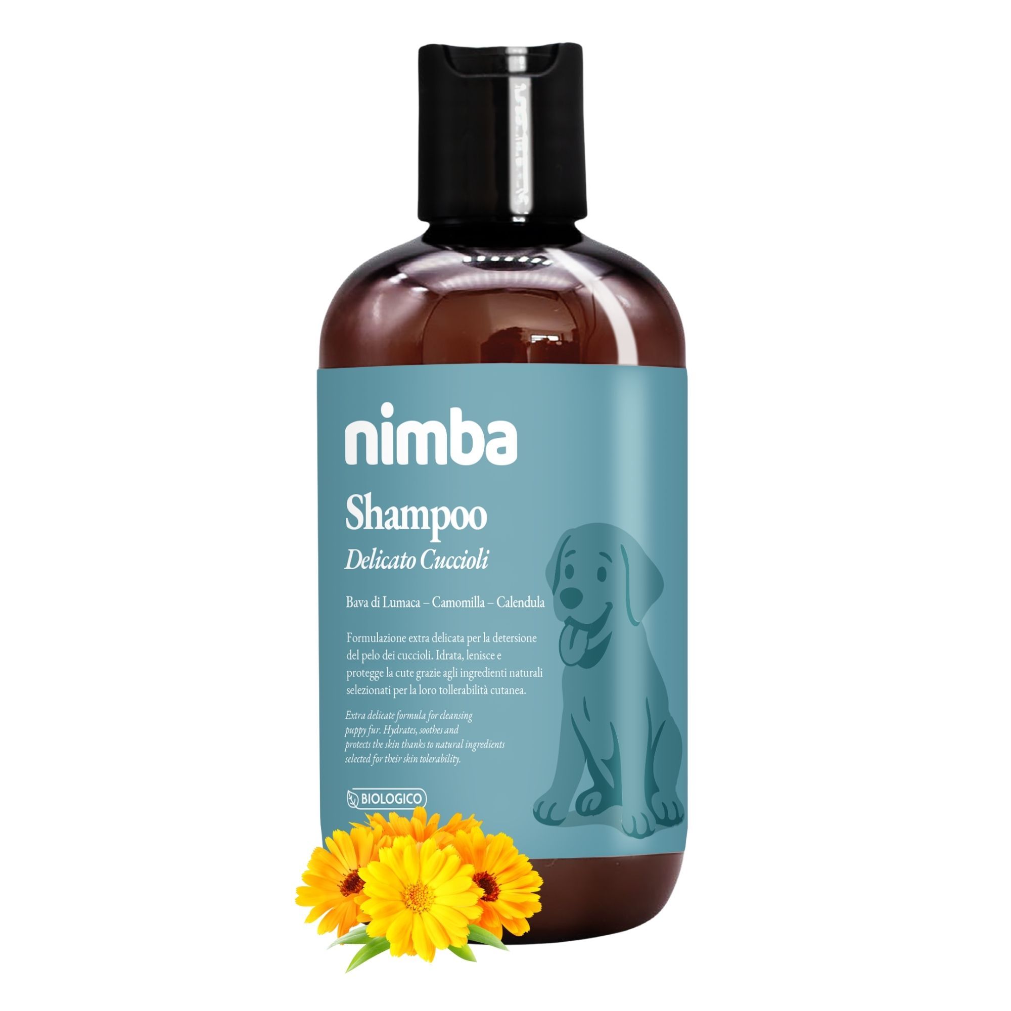 Flacone di shampoo marrone con etichetta blu. Scritta: Nimba Shampoo, Delicato Cuccioli. Immagine di un cane. Sigillo biologico.