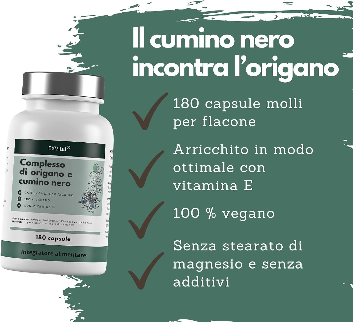 Flacone bianco con capsule. Testo: Comp. di origano e cumino nero, 180 capsule, vegano, con vitamina E.