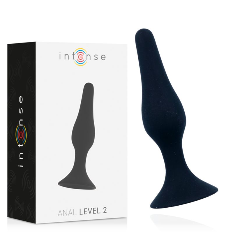 Confezione e plug anale nero 'Intense - Anal Level 2'. Il plug ha una base larga e forma affusolata.