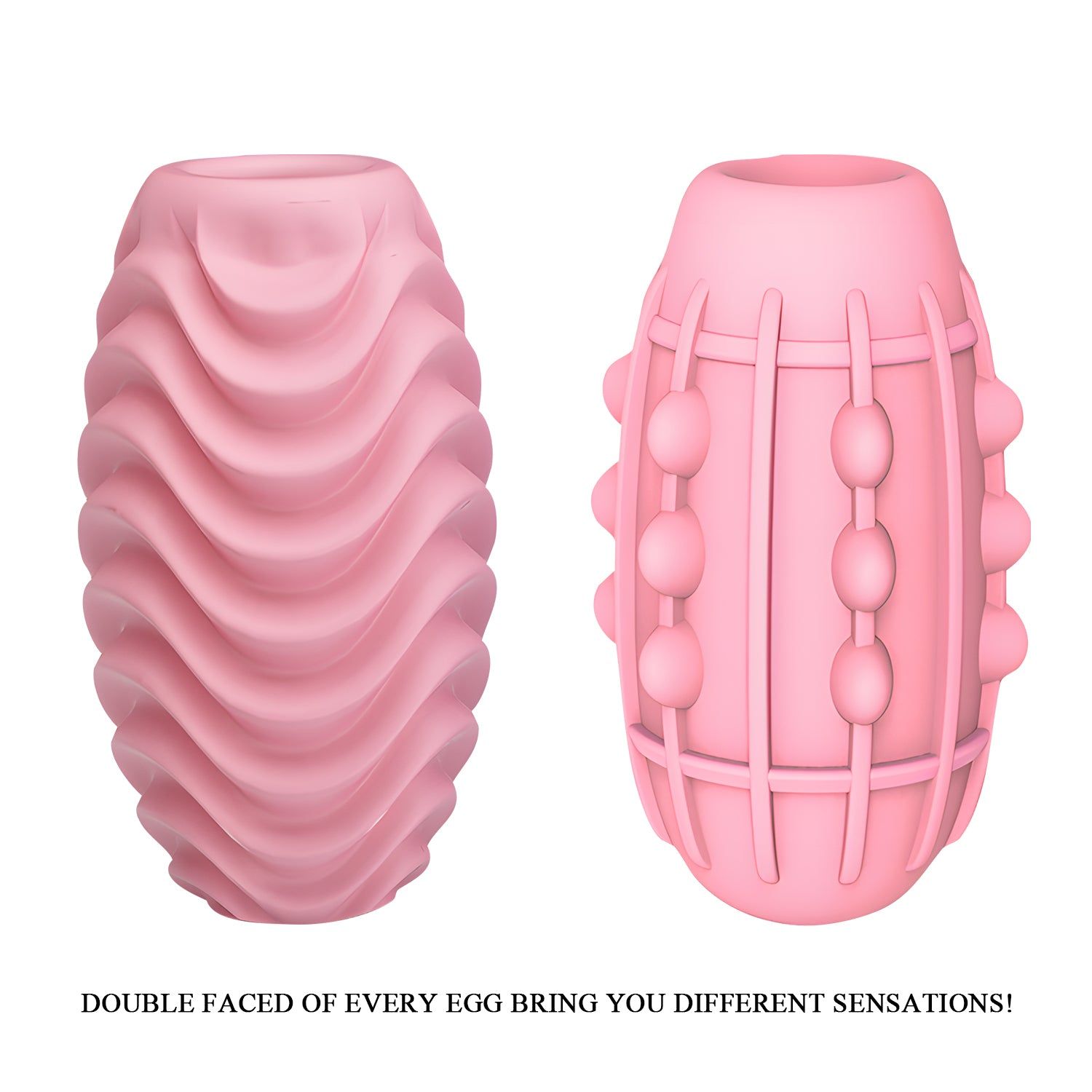 Due uova masturbatrici rosa. Una con superficie ondulata, l'altra con borchie.