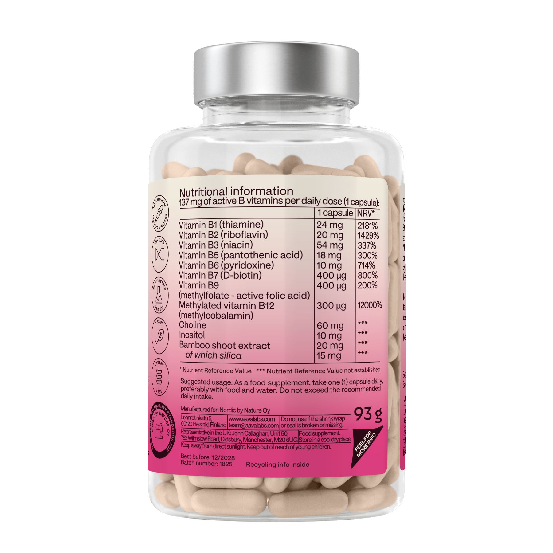 Retro del flacone con informazioni nutrizionali. AAVALABS Vitamin B Komplex. Etichetta rosa.