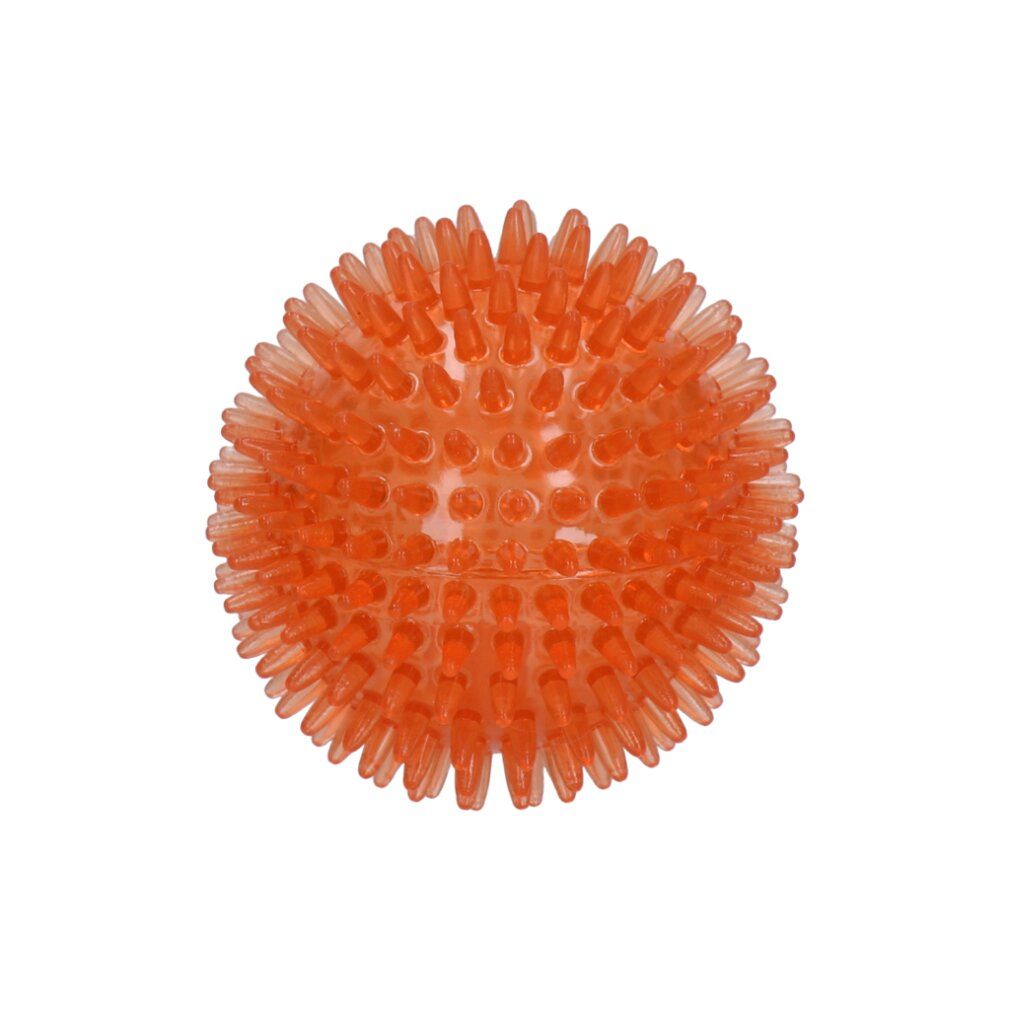 Sfera arancione con punte. Superficie con piccoli nodi. Vista del prodotto su sfondo bianco.