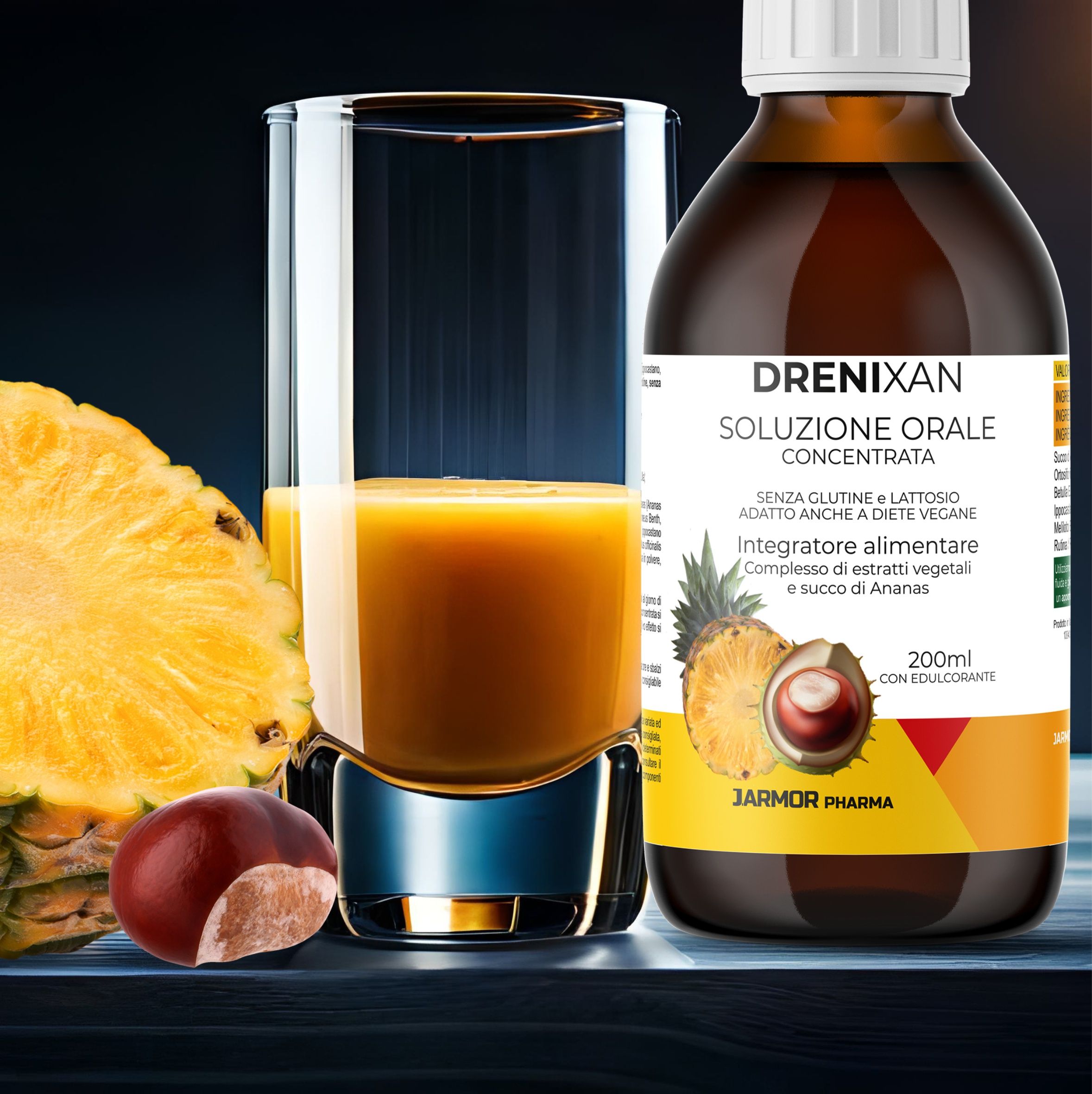 Flacone e bicchiere con liquido. Ananas e castagna. Etichetta con nome del prodotto e informazioni. Logo: Jarmor Pharma.