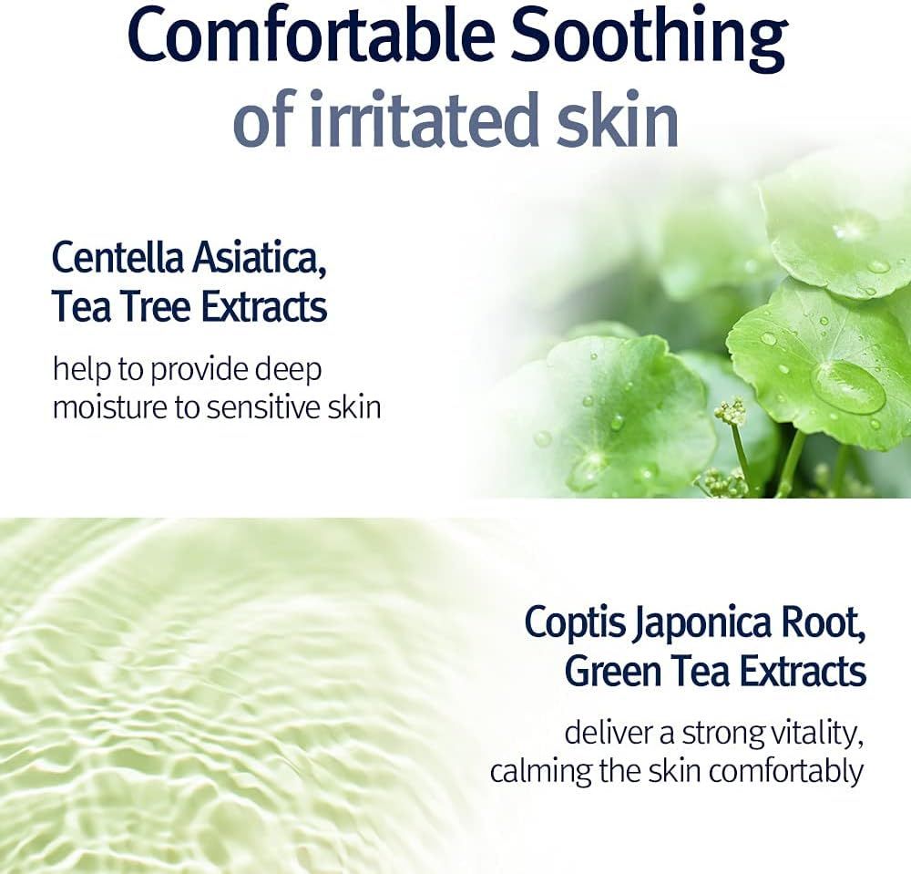 Testi: ingredienti lenitivi per la pelle. Centella Asiatica, estratti di tè verde.