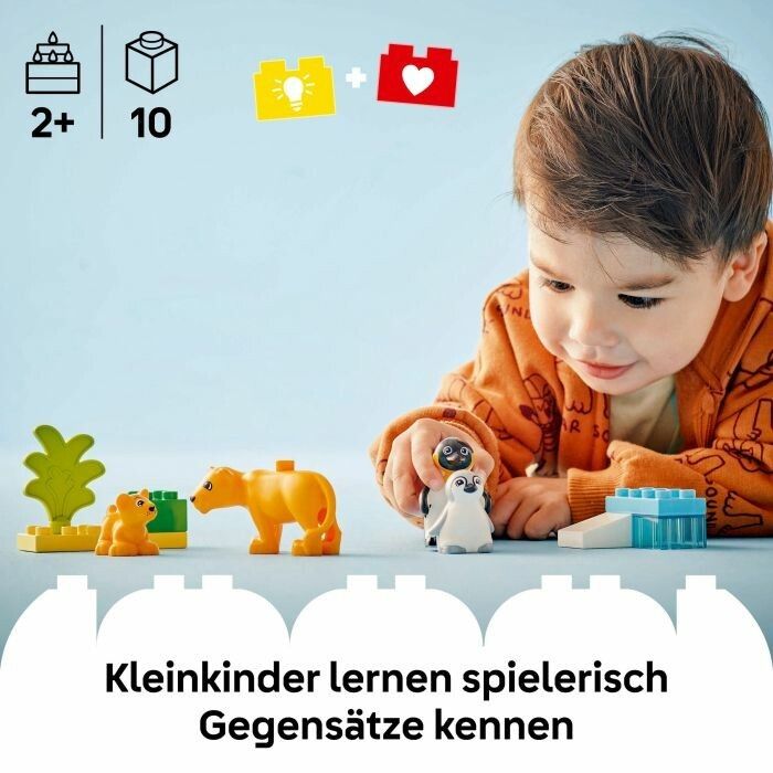Bambino gioca con LEGO DUPLO. Leoni gialli, pinguini e blocchi verdi. Età 2+. 10 pezzi.