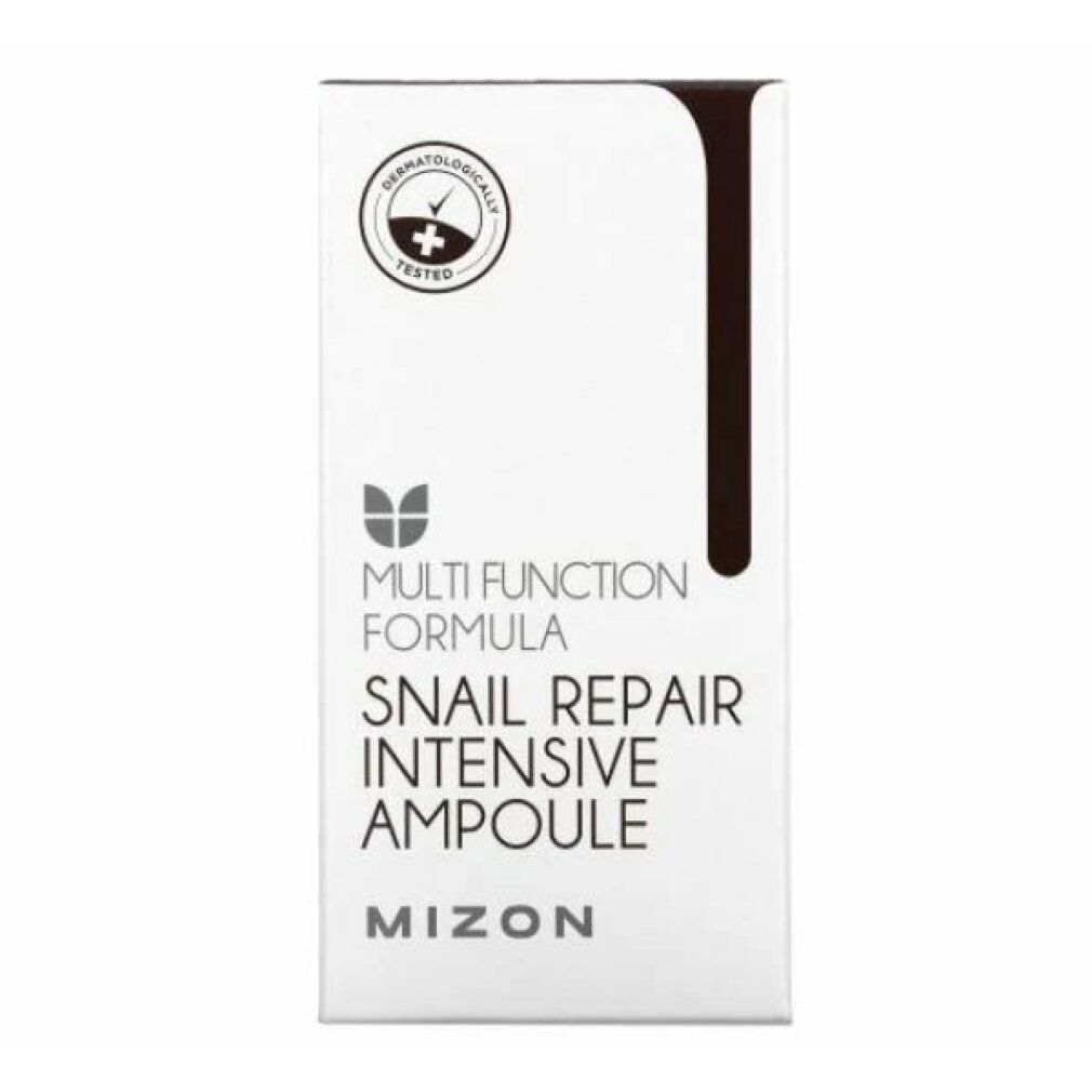 Confezione bianca con scritta: Snail Repair Intensive Ampoule. Marchio: MIZON. Testato dermatologicamente.