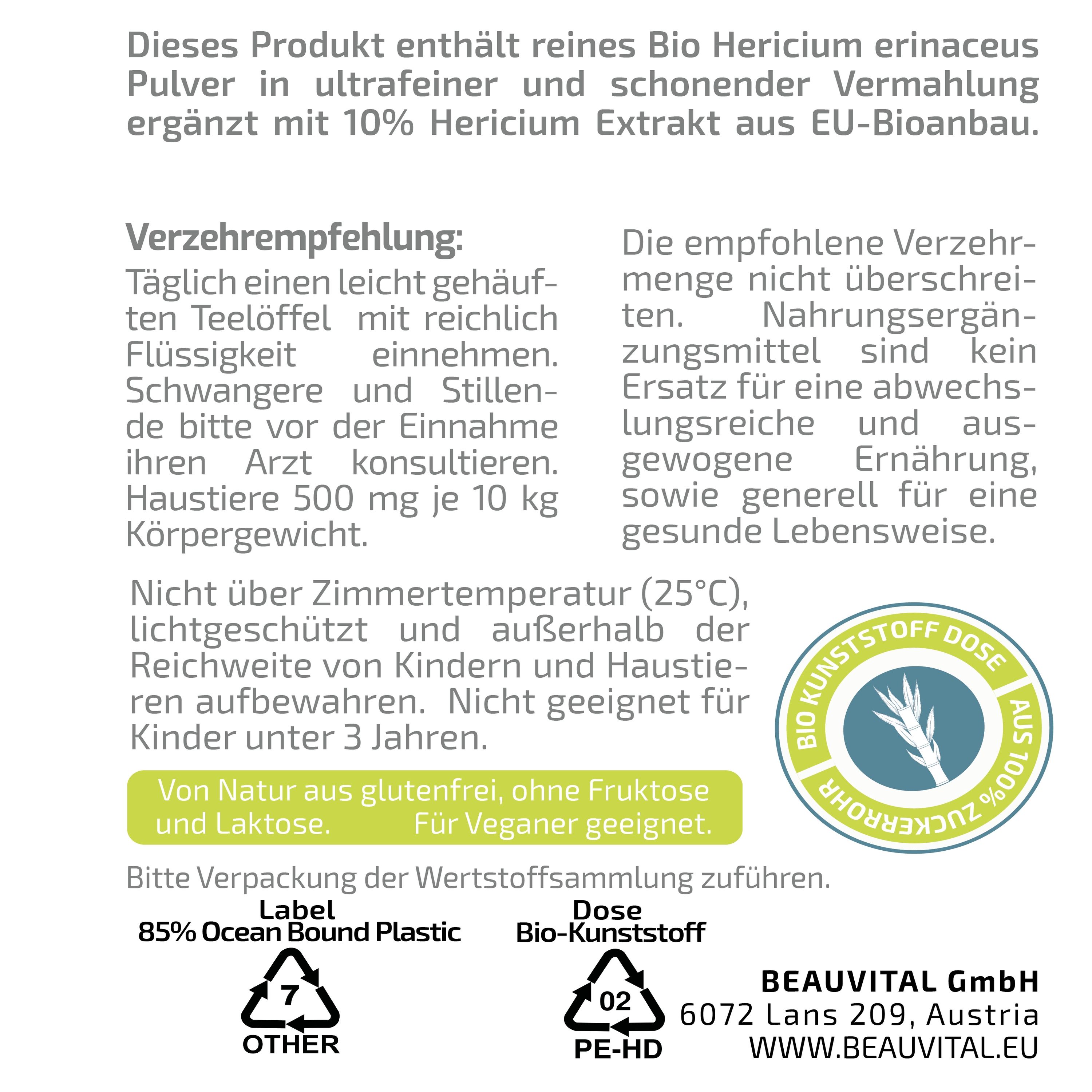 Informazioni sul prodotto: Contiene pura polvere ed estratto Bio Hericium erinaceus. Consigli per l'uso, istruzioni per la conservazione e dati del produttore.