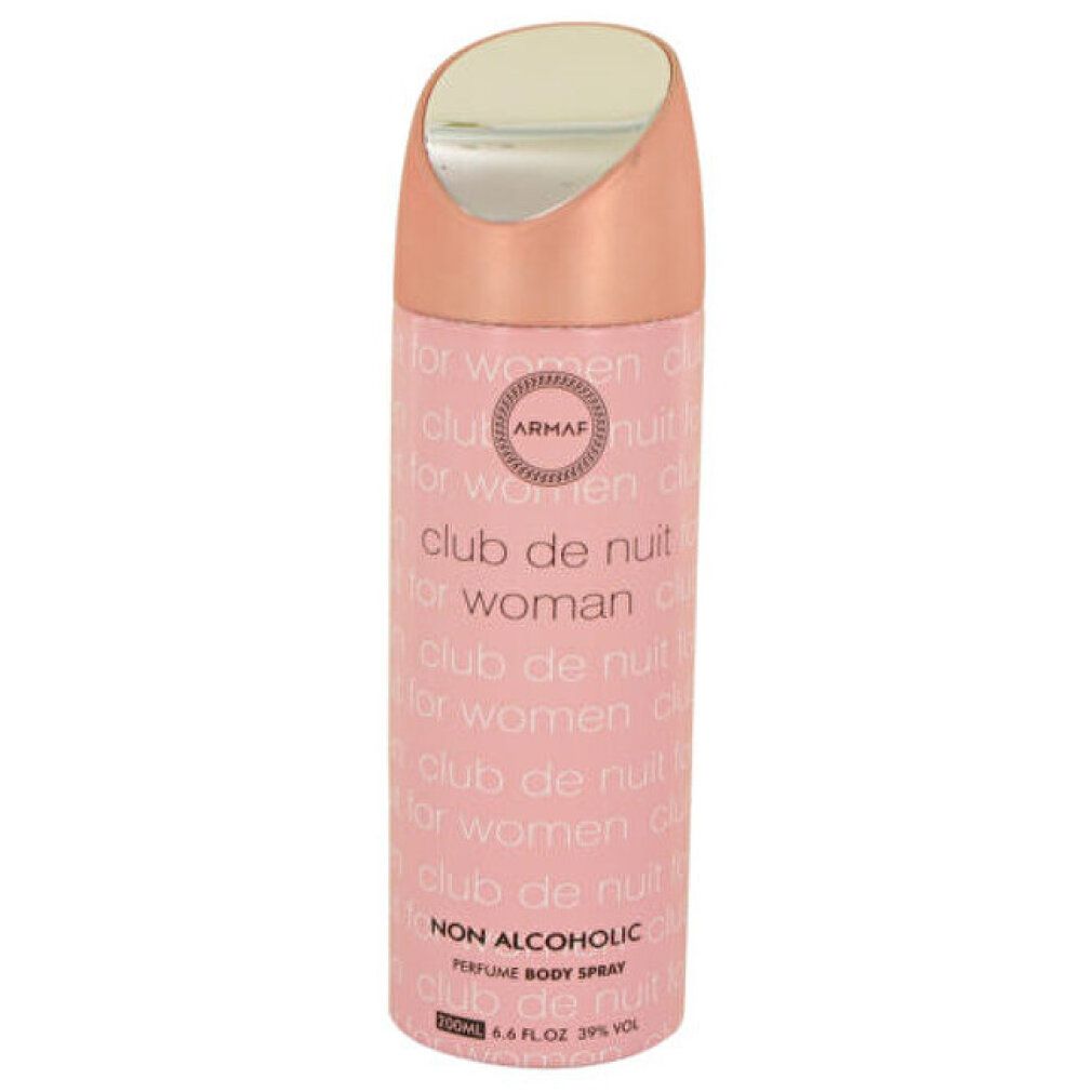 Flacone spray aerosol rosa. Scritta: Club de Nuit for woman. Marchio: Armaf. Spray corpo profumato non alcolico.
