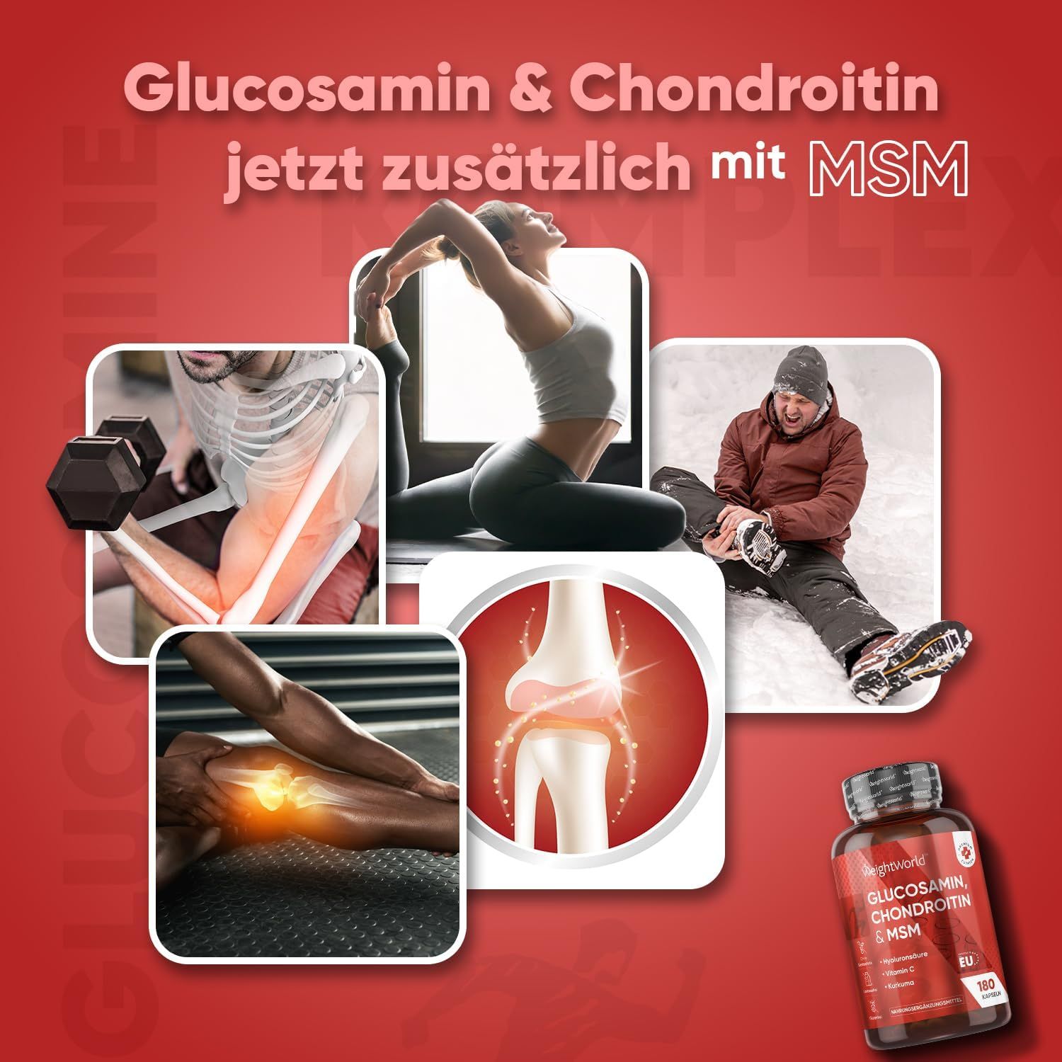Immagine pubblicitaria con immagini di articolazioni e sport. È raffigurato un flacone di capsule. Testo: Glucosamina & Condroitina con MSM.
