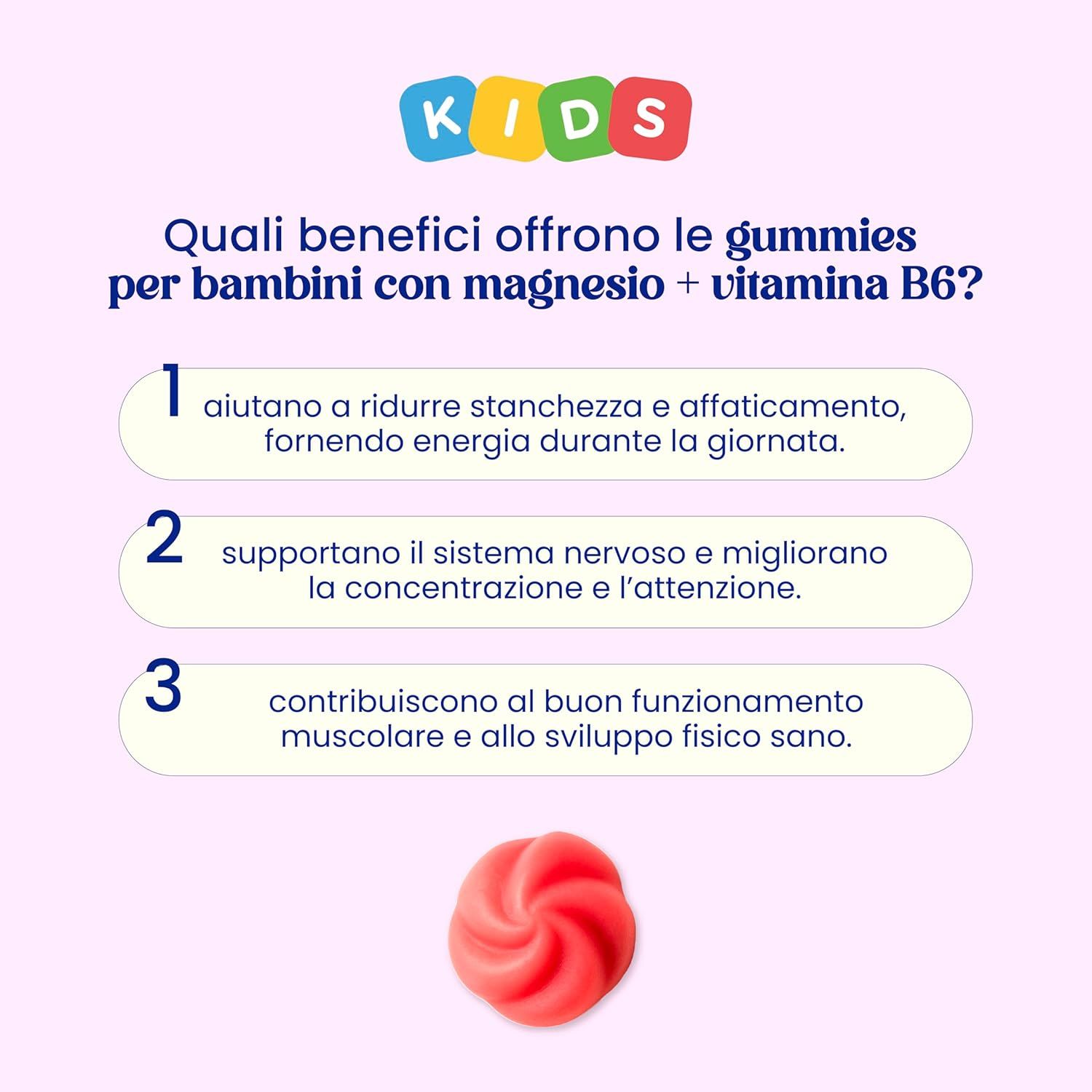 Testo su sfondo rosa. Vantaggi delle caramelle gommose magnesio + vitamina B6 per bambini. 3 punti numerati. Caramelle rosse.