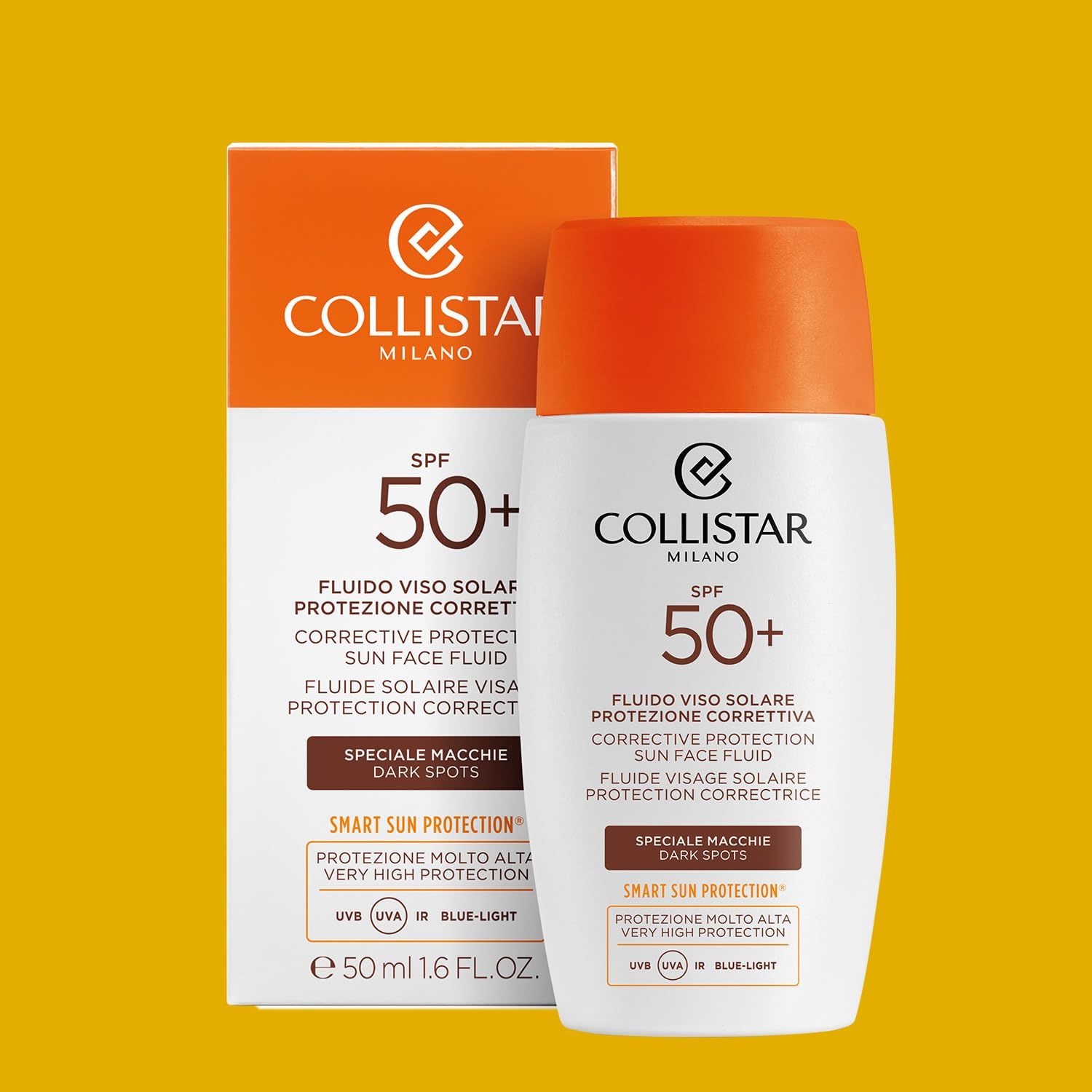 Scatola e flacone bianco-arancione. Scritta: Collistar Milano, SPF 50+, Fluido Viso Solare, protezione macchie scure.