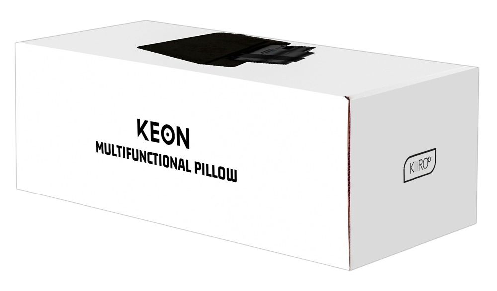 Confezione bianca con testo KEON MULTIFUNCTIONAL PILLOW. Logo Kiiroo. Immagine del prodotto in alto.