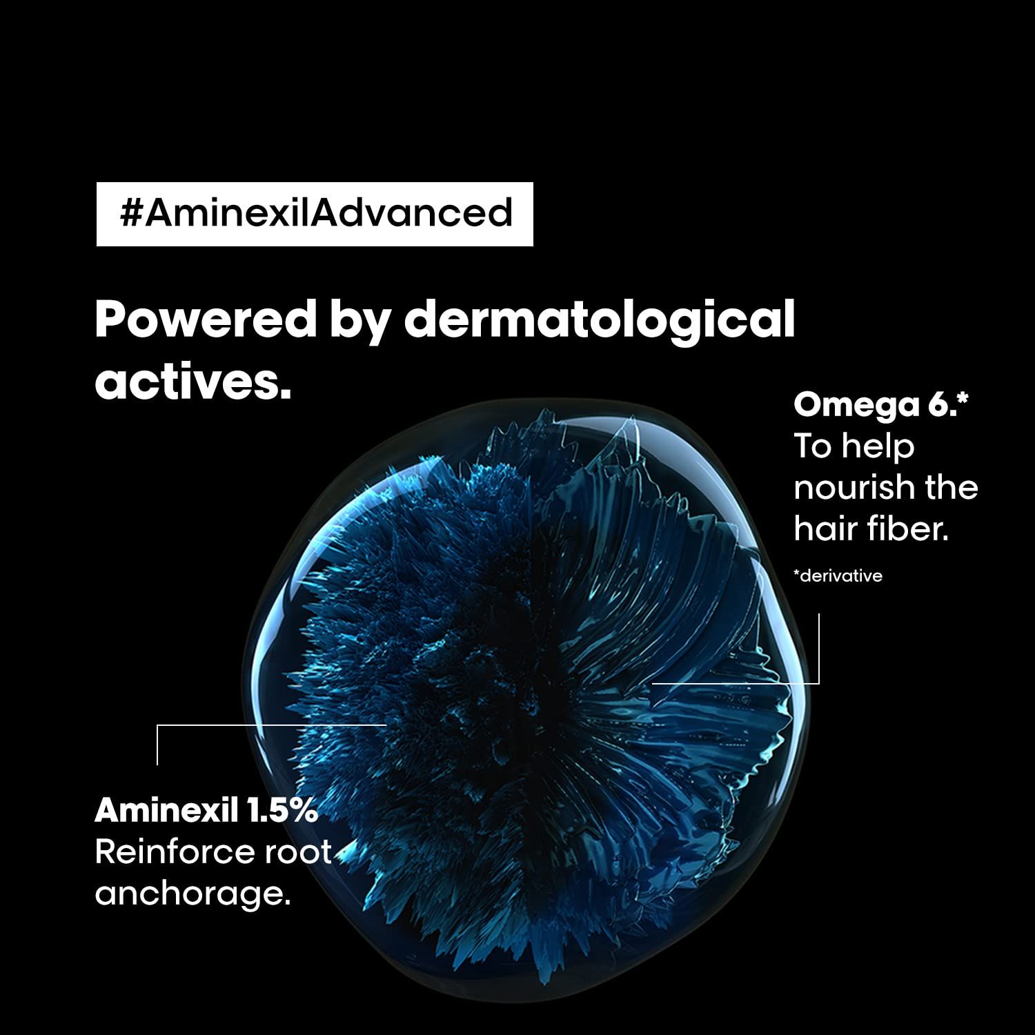 Immagine astratta. Testo: #AminexilAdvanced. Aminexil 1,5% rinforza la radice. Omega 6 aiuta a nutrire la fibra capillare.