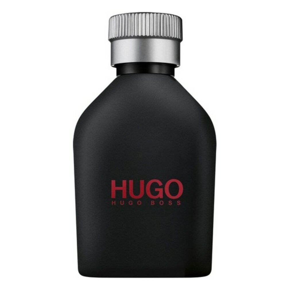 Flacone nero con tappo argentato. Scritta rossa HUGO. Logo Hugo Boss.