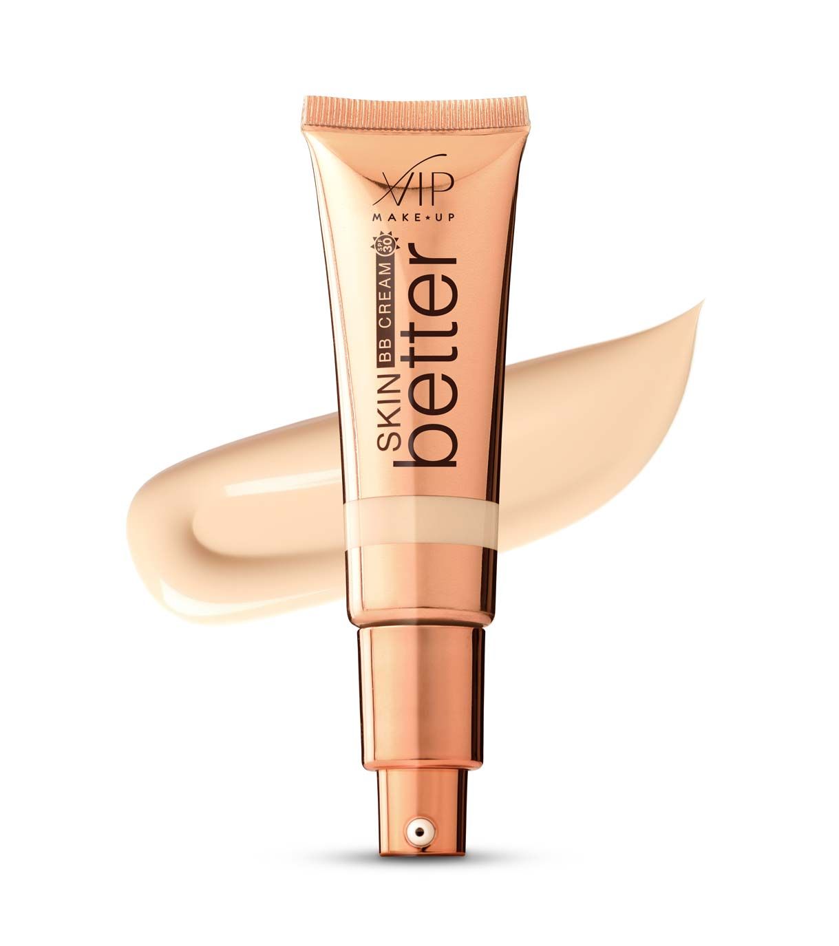 Tubo dorato di BB Cream con campione di fondotinta chiaro accanto.