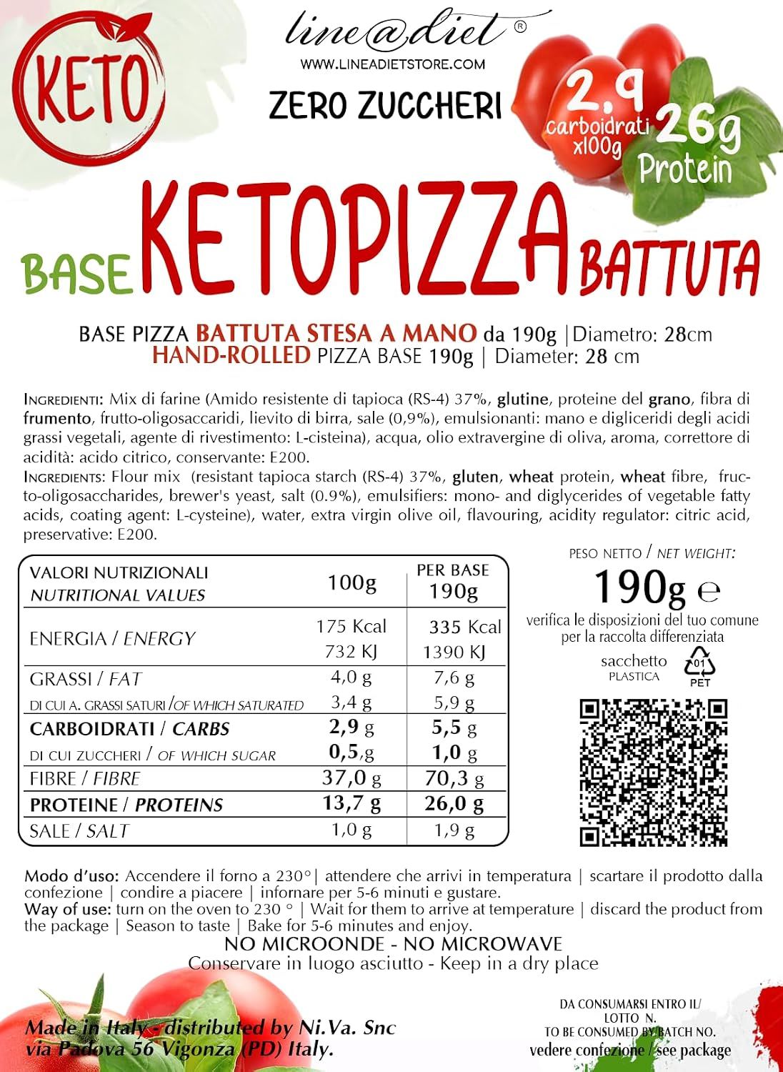 Confezione con due basi per pizza Keto, valori nutrizionali e lista ingredienti.