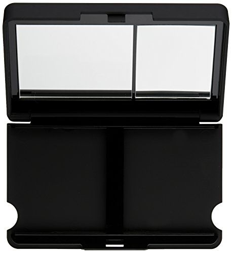 Custodia compatta nera aperta con specchi e scomparti. Forma rettangolare. Marchio Elizabeth Arden.