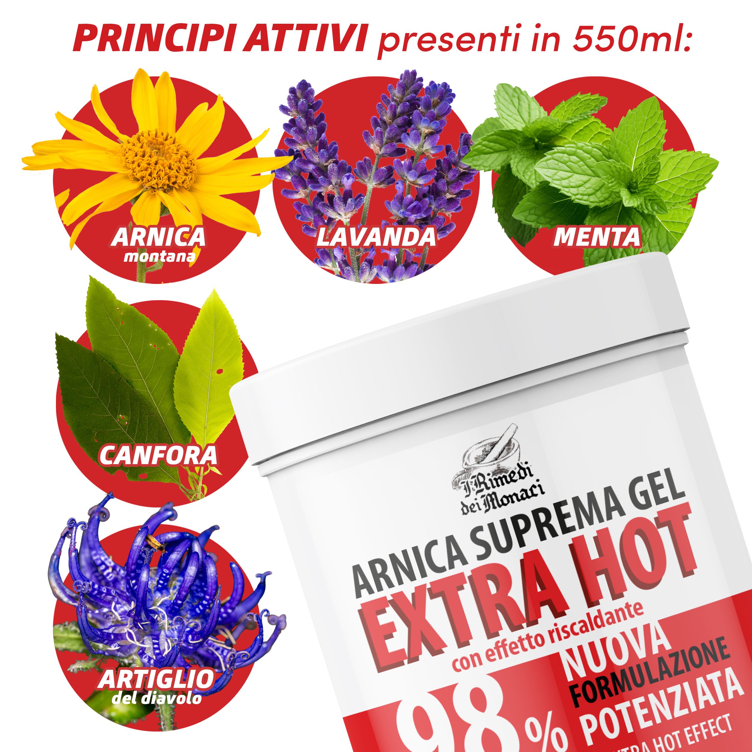 Barattolo di gel con illustrazioni di ingredienti: Arnica, Lavanda, Menta, Canfora, Artiglio del diavolo. Testo: Arnica Suprema Gel Extra Hot.