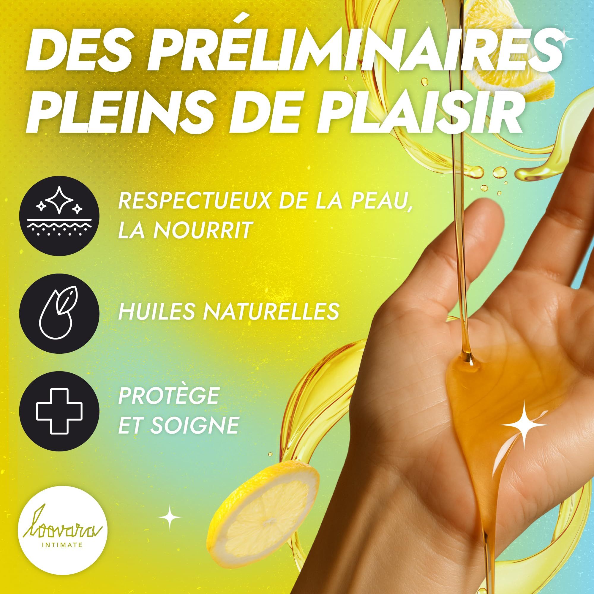 Mano con olio da massaggio Loovara Lemon Squeeze, circondata da schizzi d'olio e spicchi di limone.