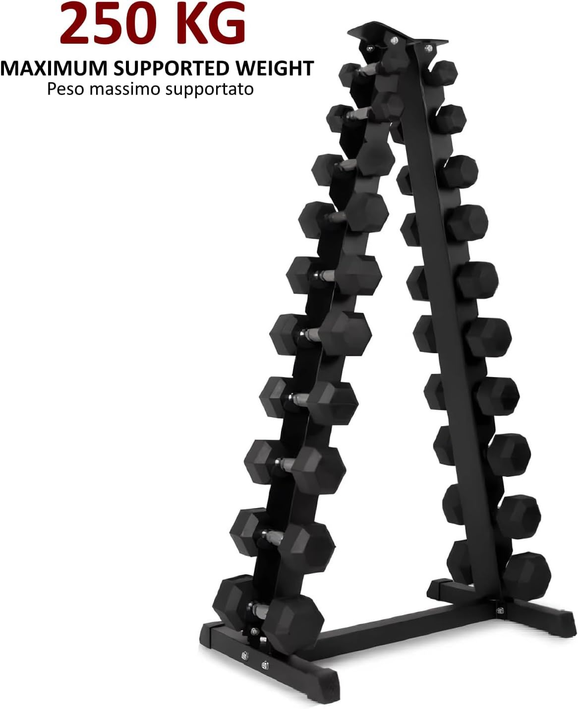 Rastrelliera nera per manubri con manubri. Testo: « 250 KG Maximum Supported Weight ». Peso massimo supportato.