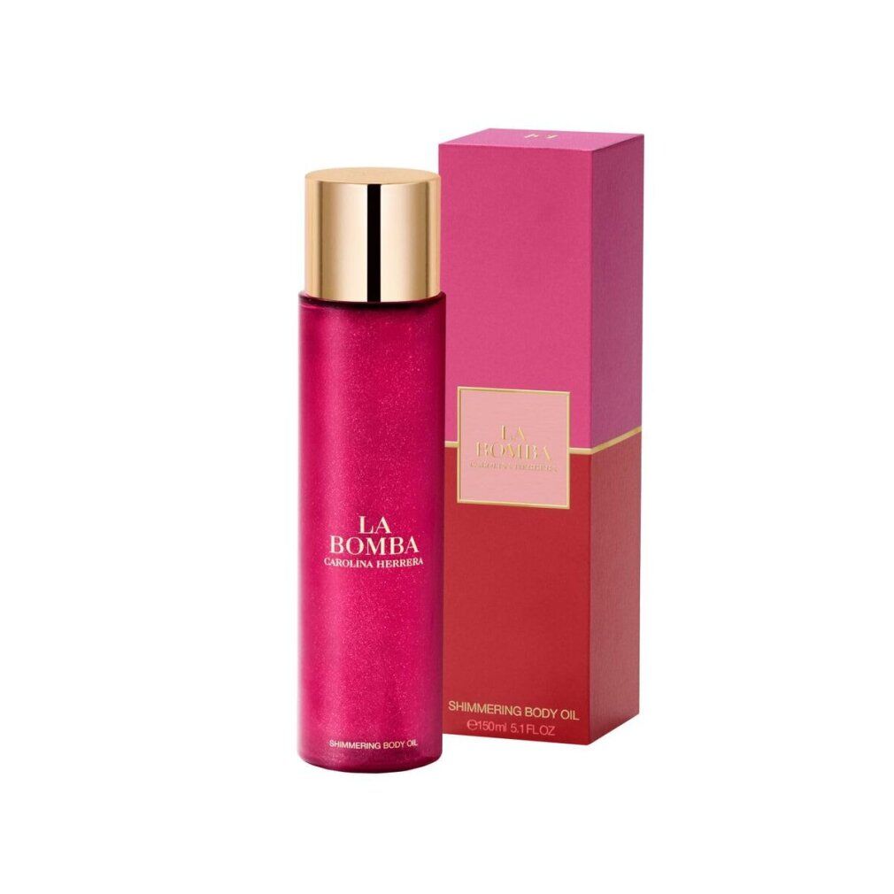 Flacone di olio per il corpo rosa con tappo dorato e confezione. Scritta: La Bomba, Carolina Herrera. Shimmering Body Oil.