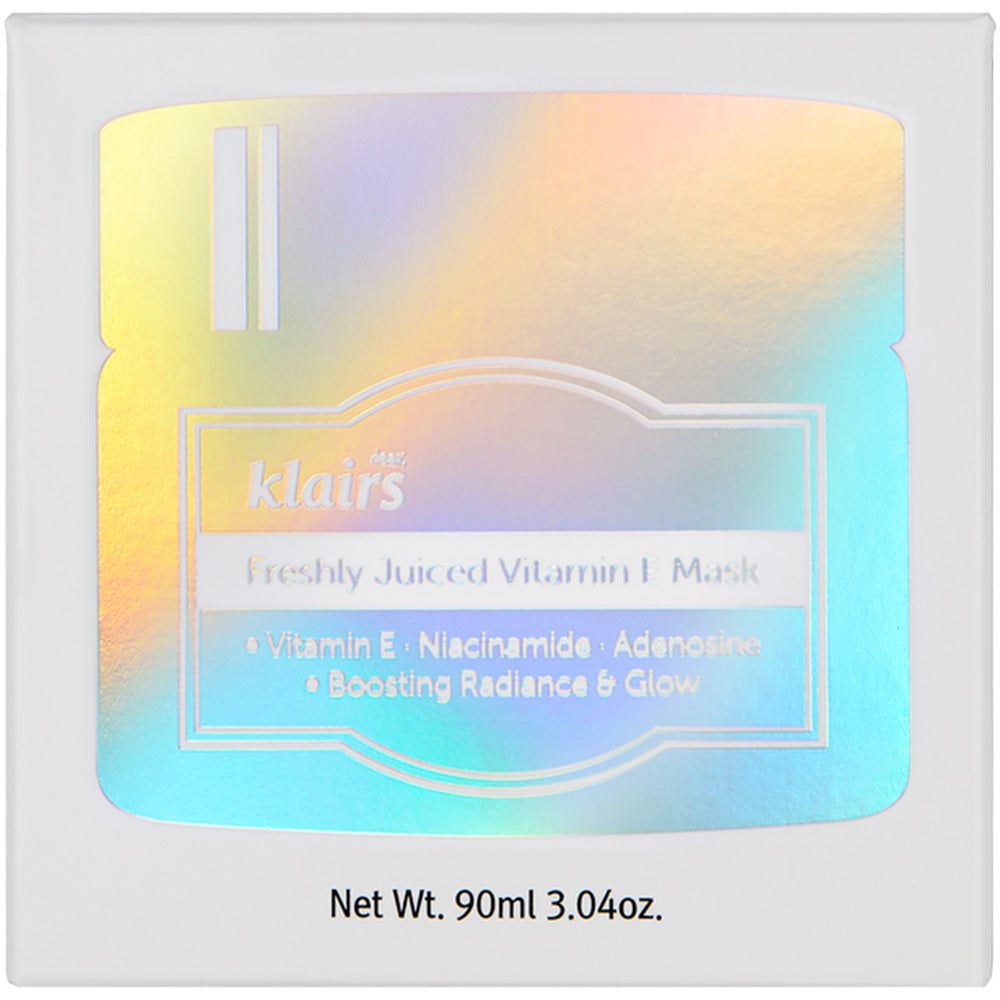 Confezione quadrata con design olografico. Contiene "klairs Freshly Juiced Vitamin E Mask". Con vitamina E, niacinamide e adenosina. Peso netto: 90ml.