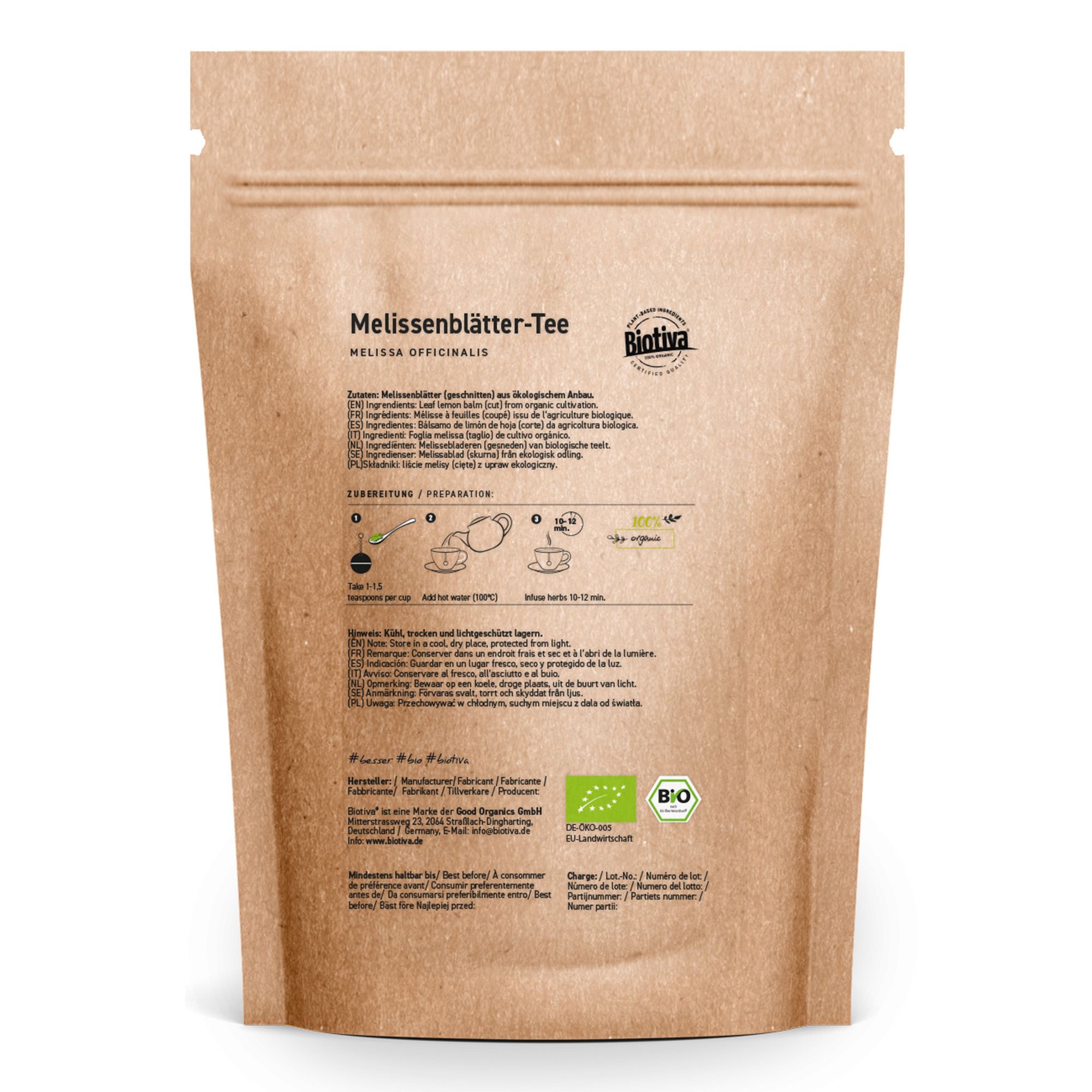 Confezione di carta marrone con testo. Logo Biotiva e sigillo bio. Informazioni sul retro.