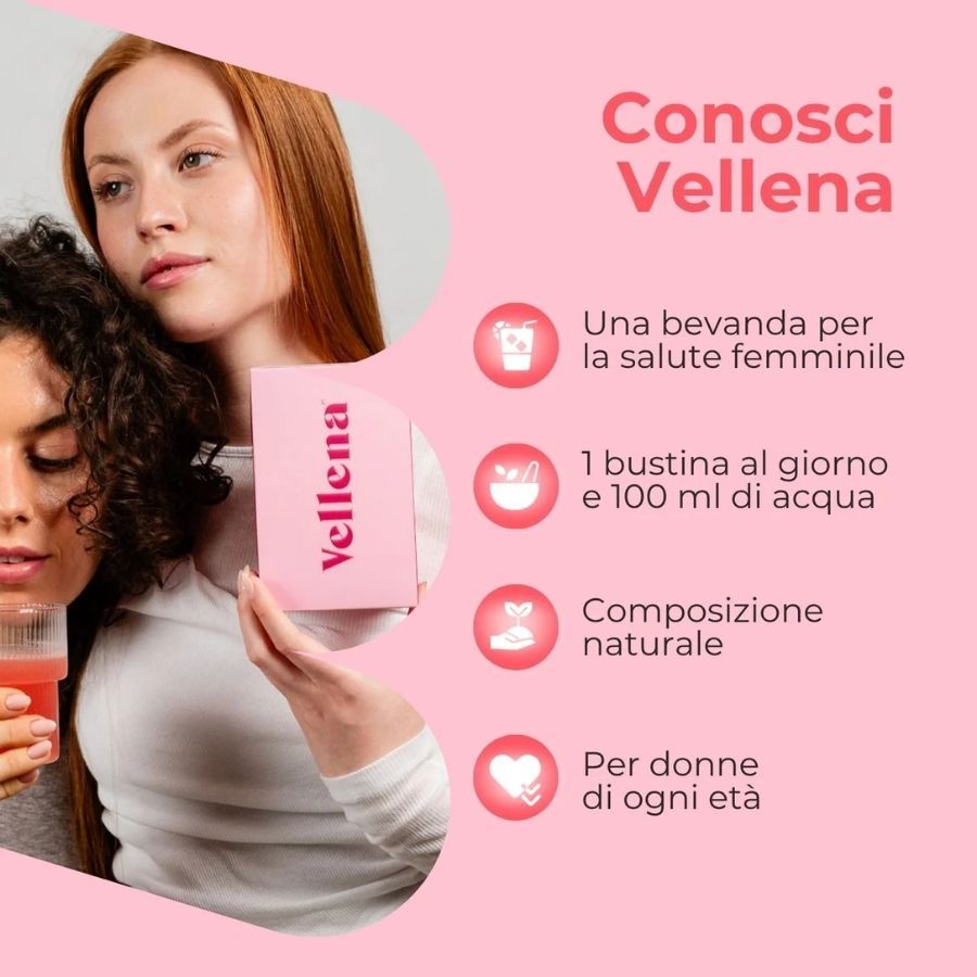 Confezione rosa con scritta Vellena. Testo: Una bevanda per la salute femminile. Immagine di donne e bevanda.