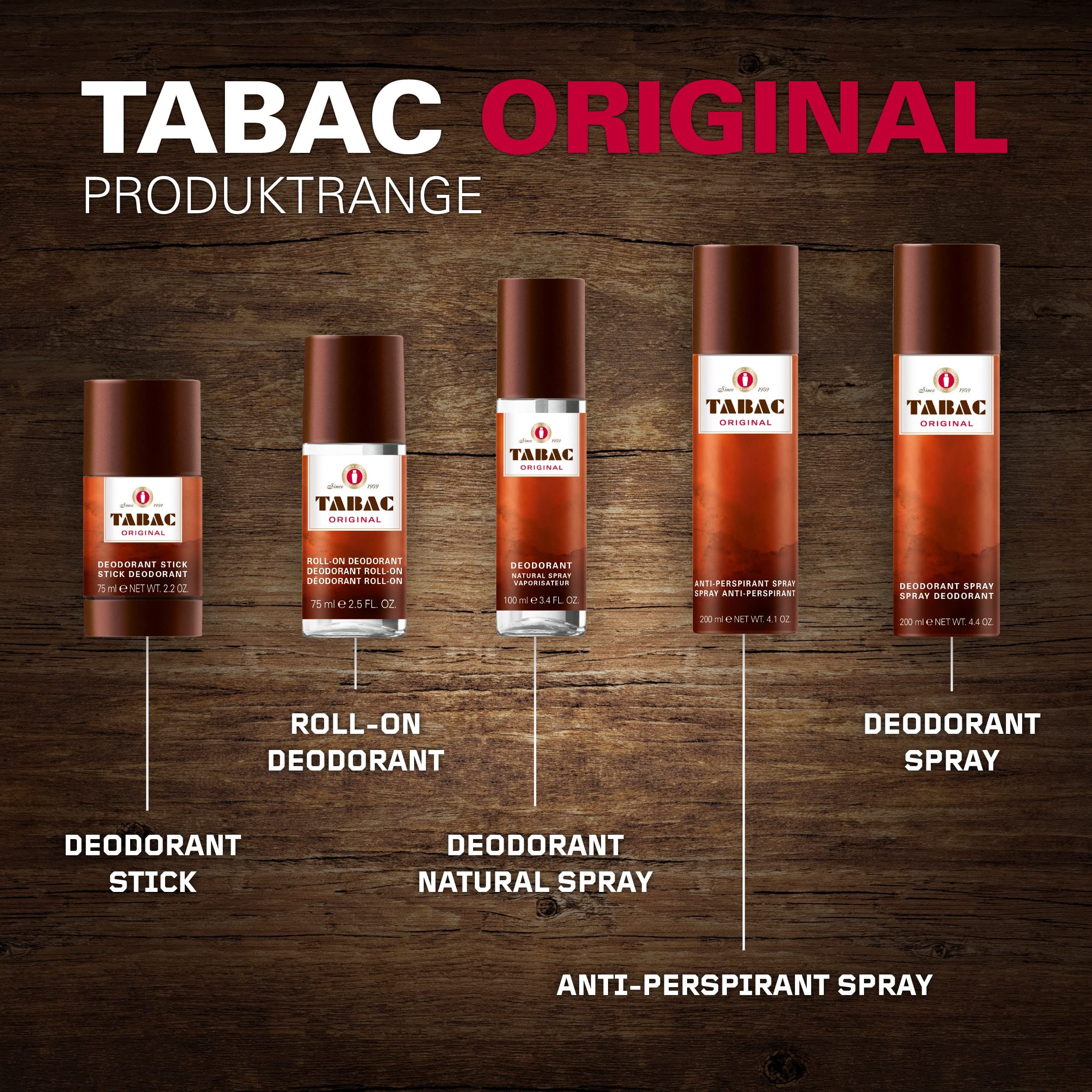 Panoramica prodotti: stick deodorante, roll-on, spray naturale, spray antitraspirante, spray deodorante. Scritta: TABAC ORIGINAL.