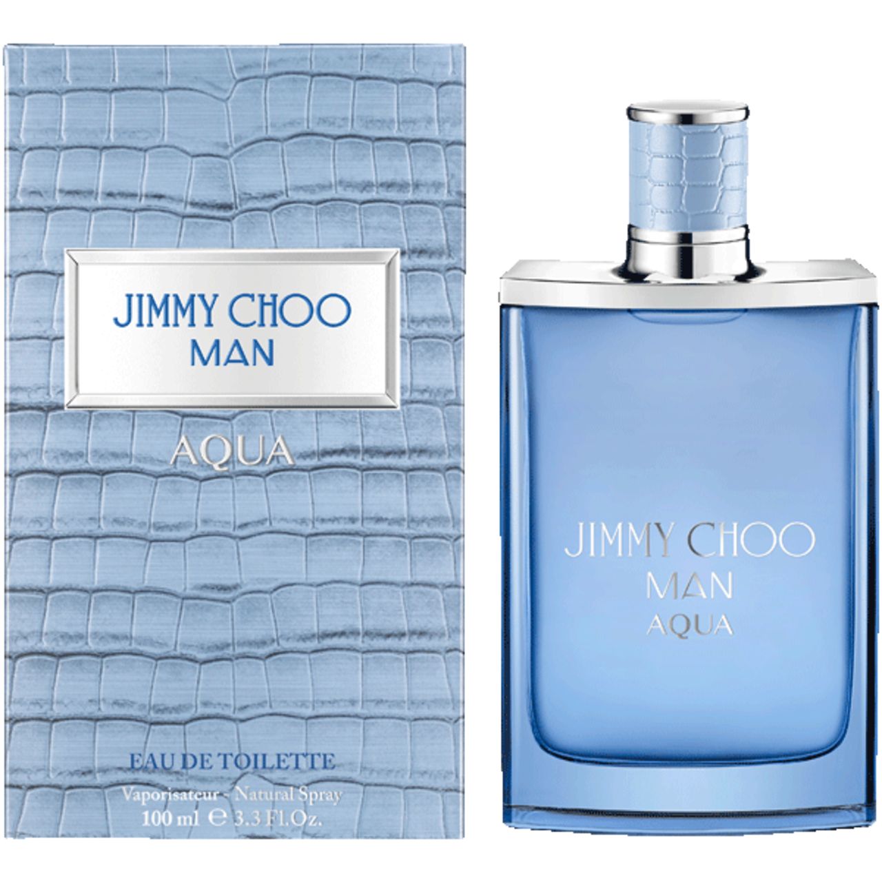 Flacone di profumo azzurro chiaro e confezione. Scritta: JIMMY CHOO MAN AQUA. Confezione con motivo coccodrillo.