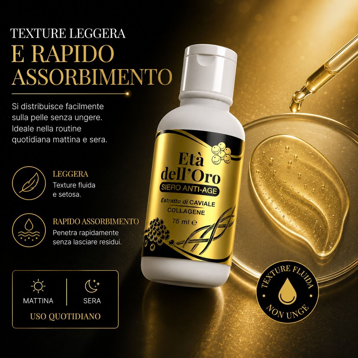 Texture leggera di un siero anti-età con collagene e caviale, rapido assorbimento.