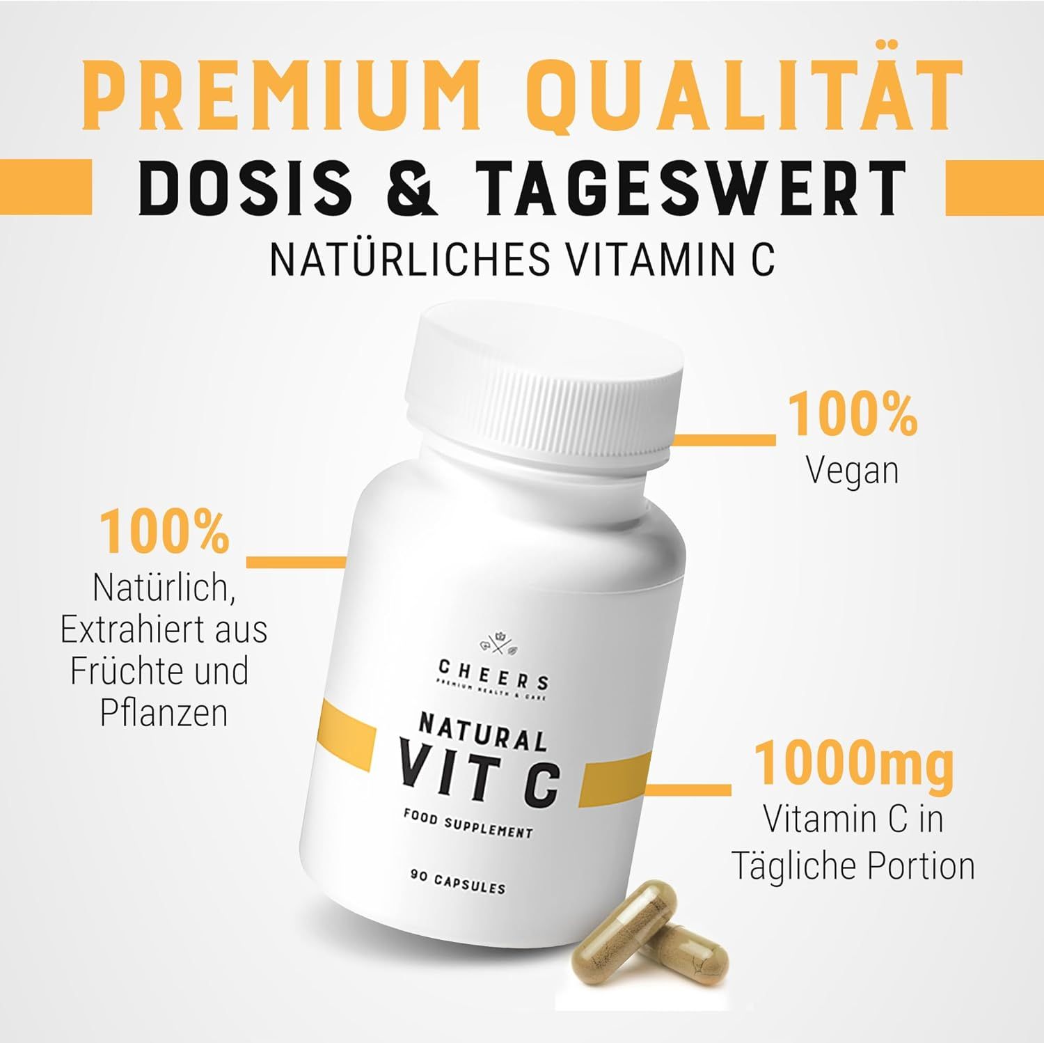 Flacone bianco CHEERS Natural Vit C. 100% vegano, 1000mg Vitamina C per porzione. Scritta: Vitamina C naturale.