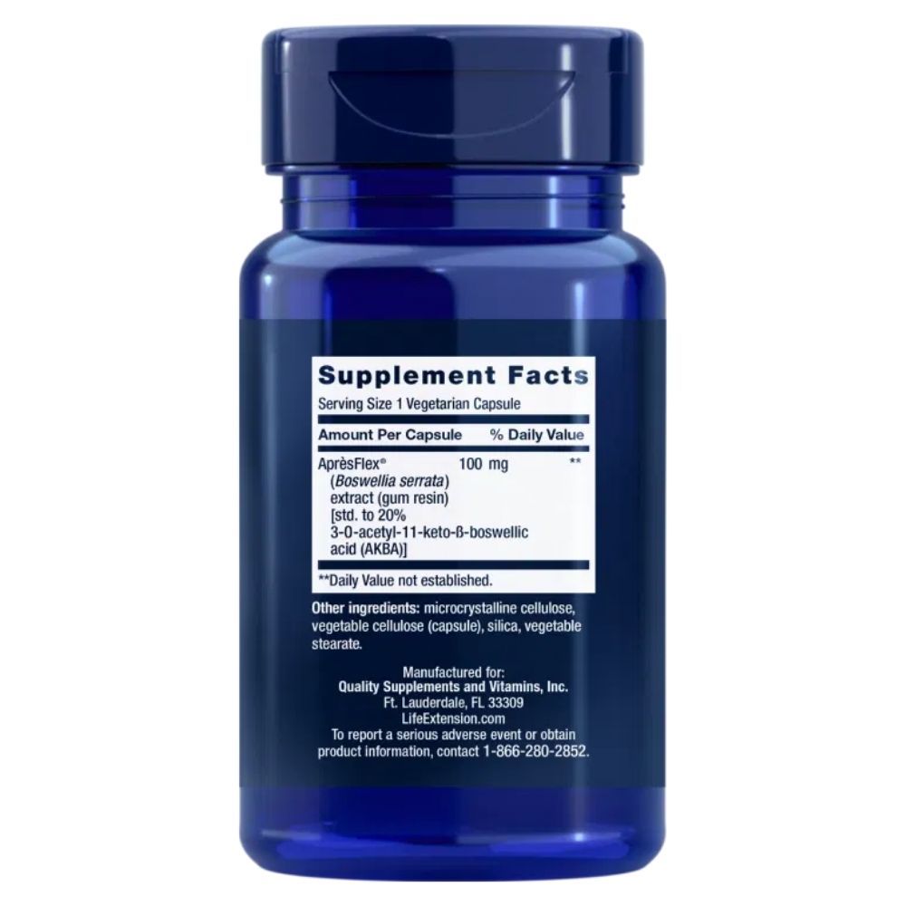 Retro del contenitore Life Extension 5-LOX Inhibitor con informazioni nutrizionali e ApresFlex 100 mg.
