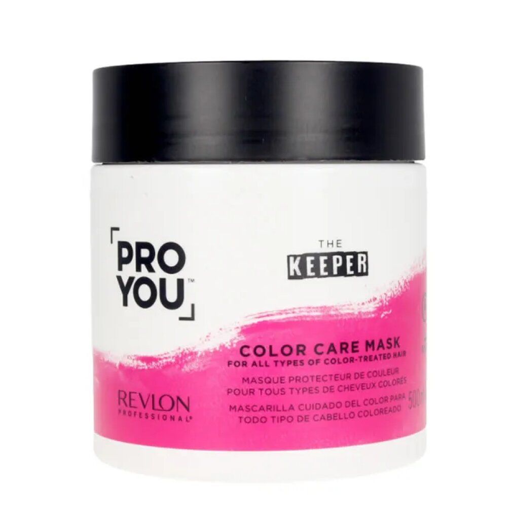 Vaso bianco con coperchio nero. Sfumatura rosa. Scritte: Pro You, The Keeper, Color Care Mask, Revlon Professional.