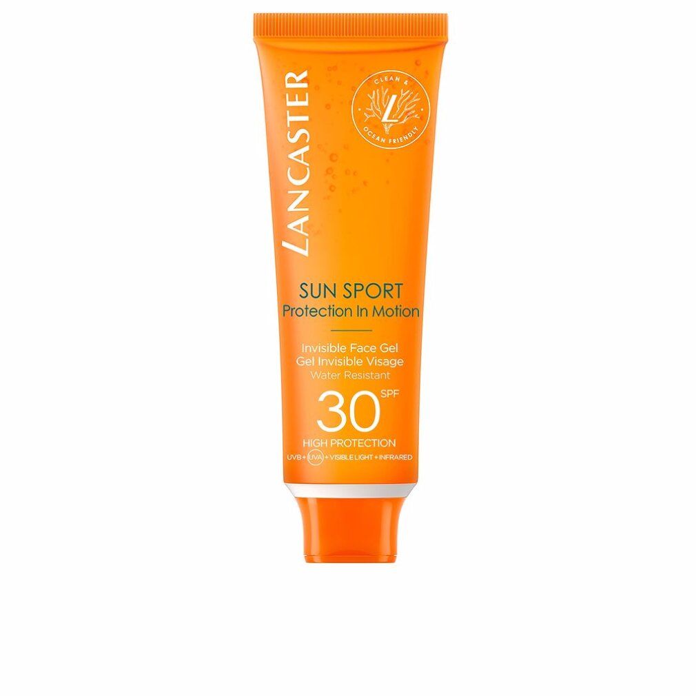 Tubo arancione Lancaster Sun Sport Invisible Face Gel SPF30. Formula vegana. Resistente all'acqua.