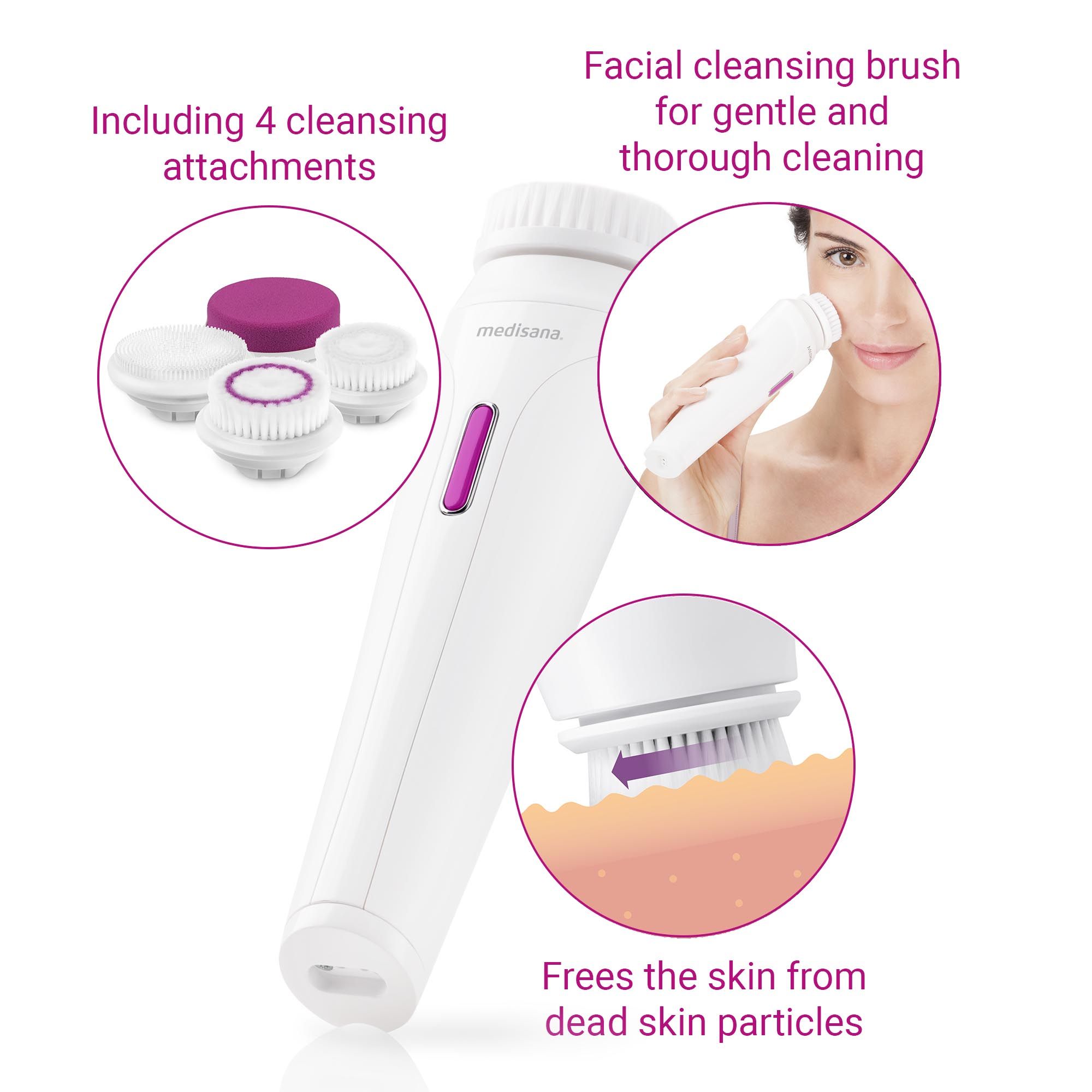 Spazzola per la pulizia del viso con quattro accessori. Pulsante rosa. Testo: 'Including 4 cleansing attachments'.