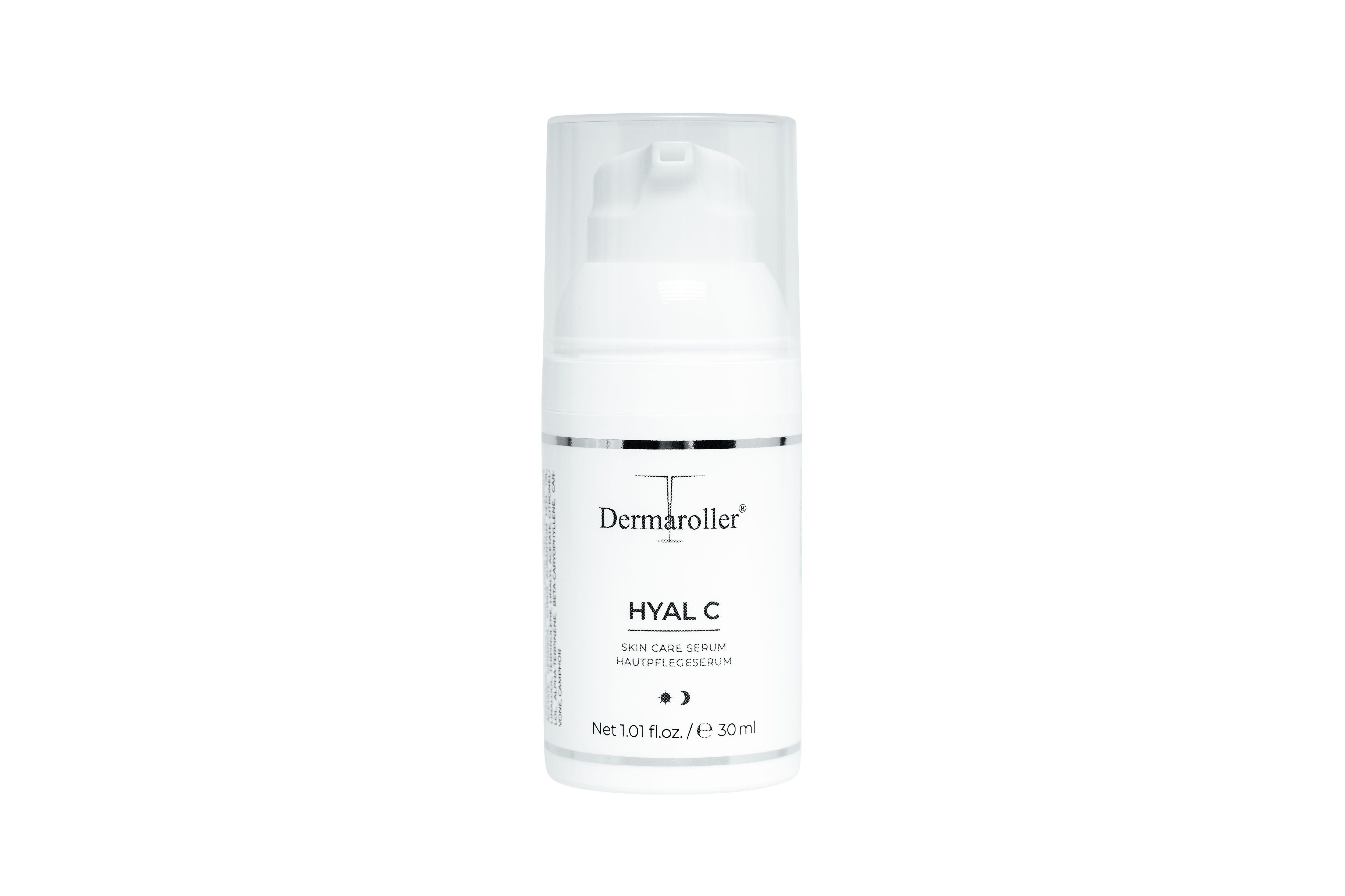 Flacone Dermaroller Hyal C Serum con dispenser a pompa.