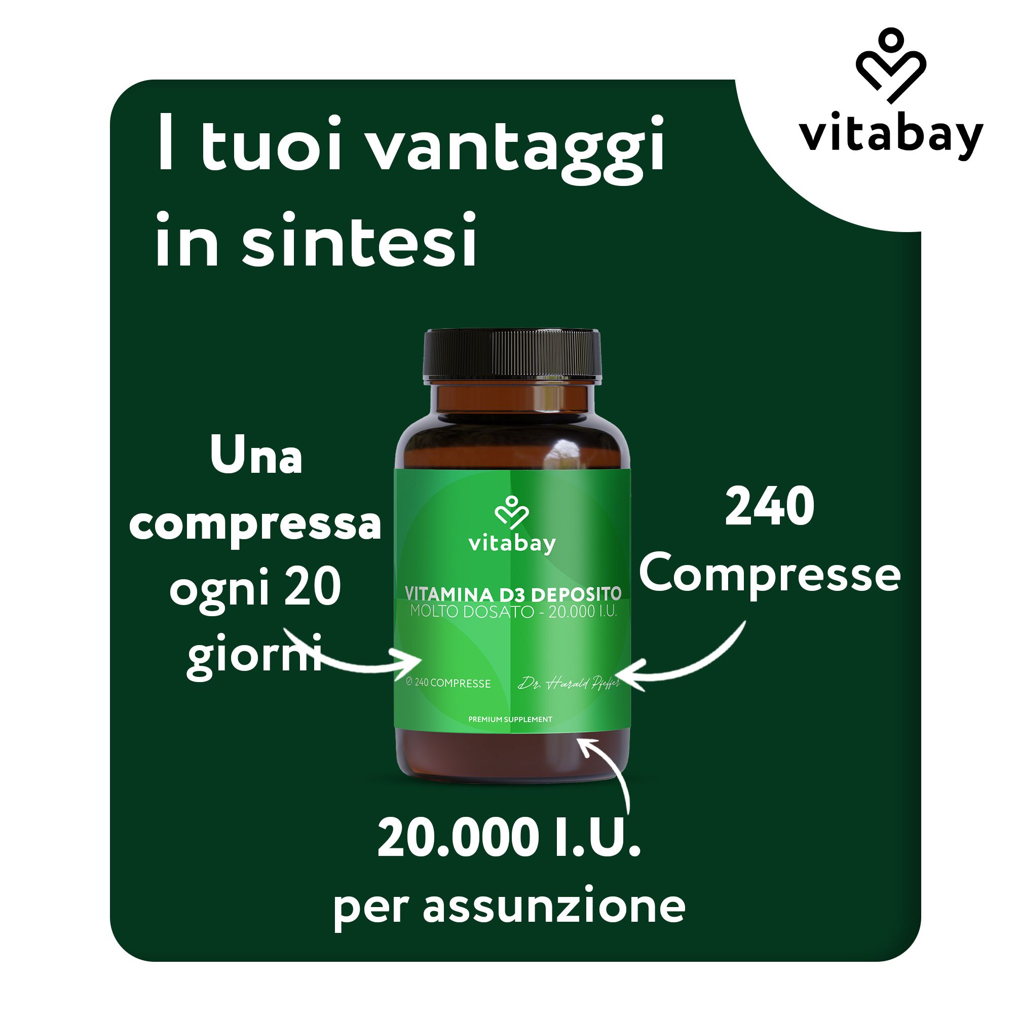 Flacone di compresse marrone. Vitabay Vitamina D3 Depot. 240 compresse. 20.000 UI per assunzione.