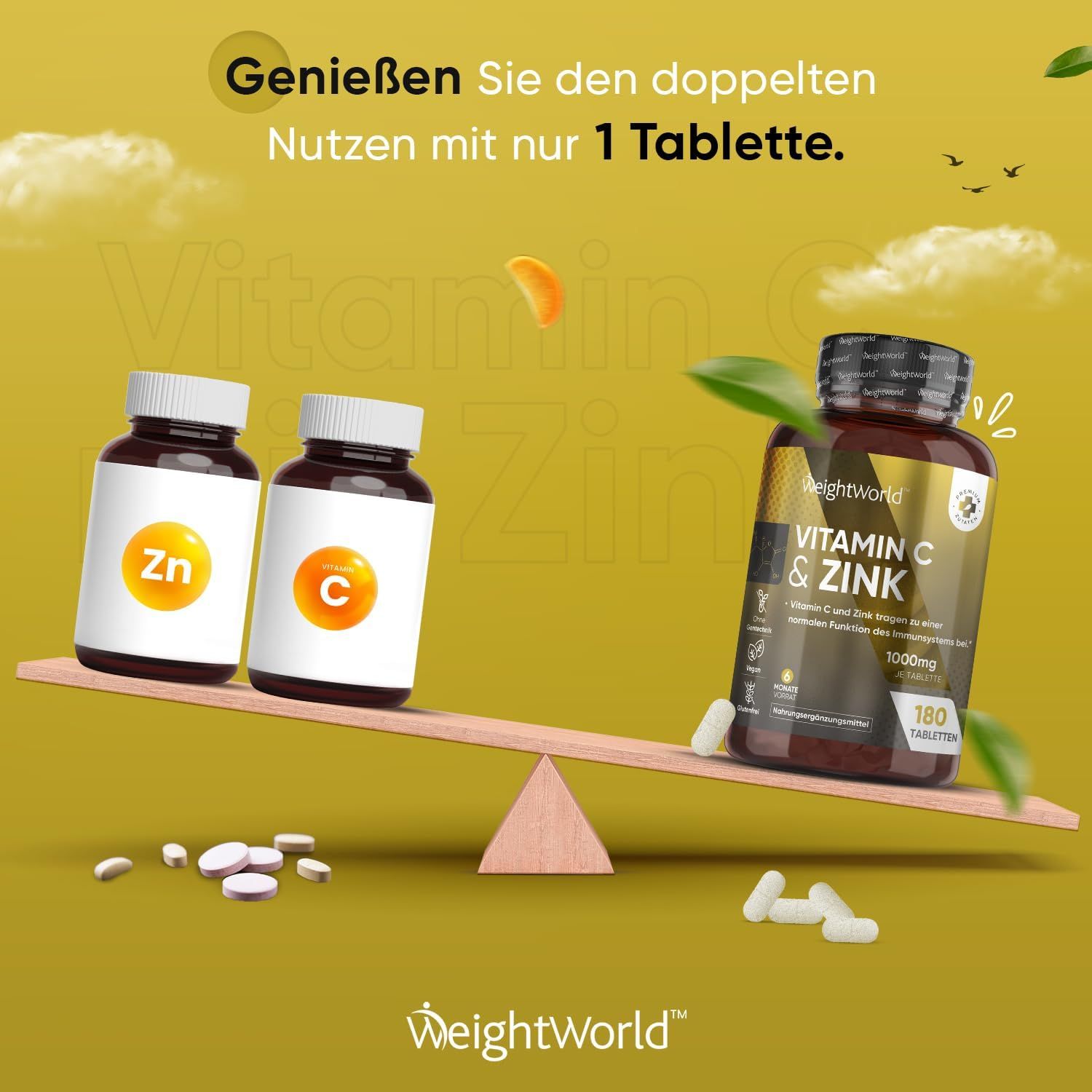 Due flaconi con Zn e C. Un flacone di Vitamina C & Zinco su una bilancia. Testo: Goditi il doppio vantaggio con solo 1 compressa.