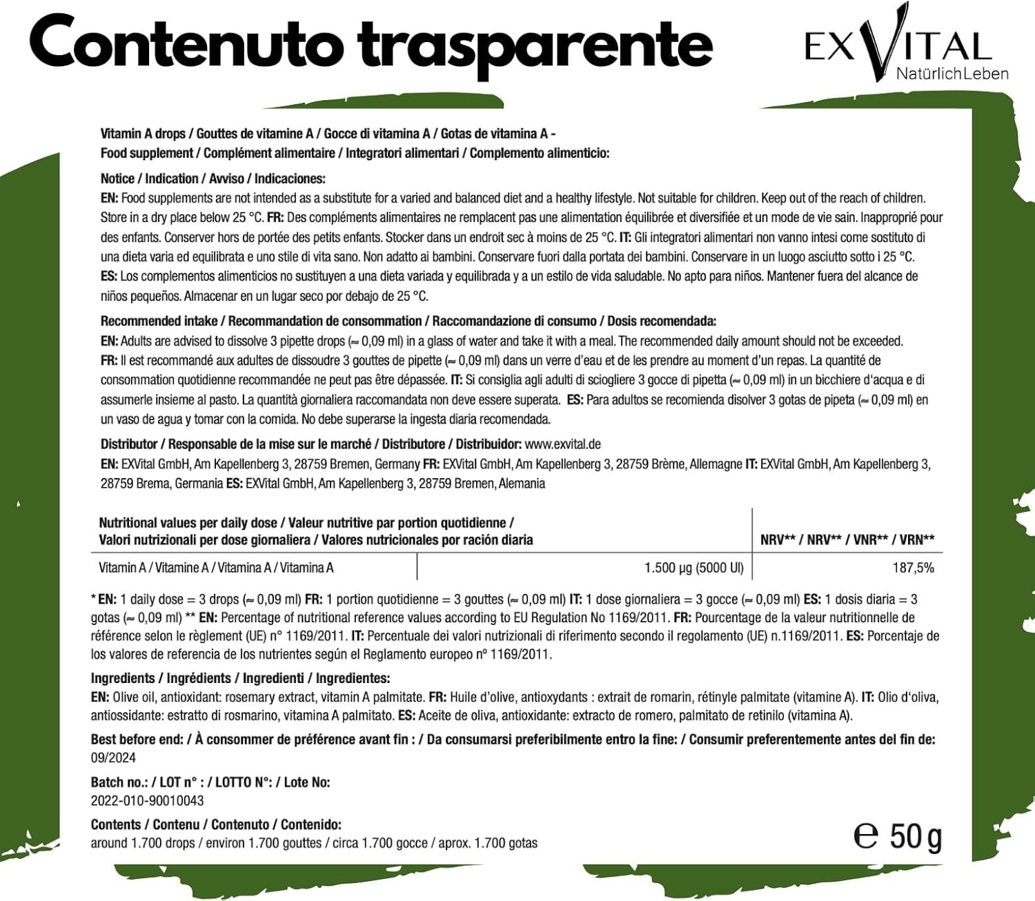 Ingredienti e informazioni nutrizionali delle gocce di vitamina A EXVital.