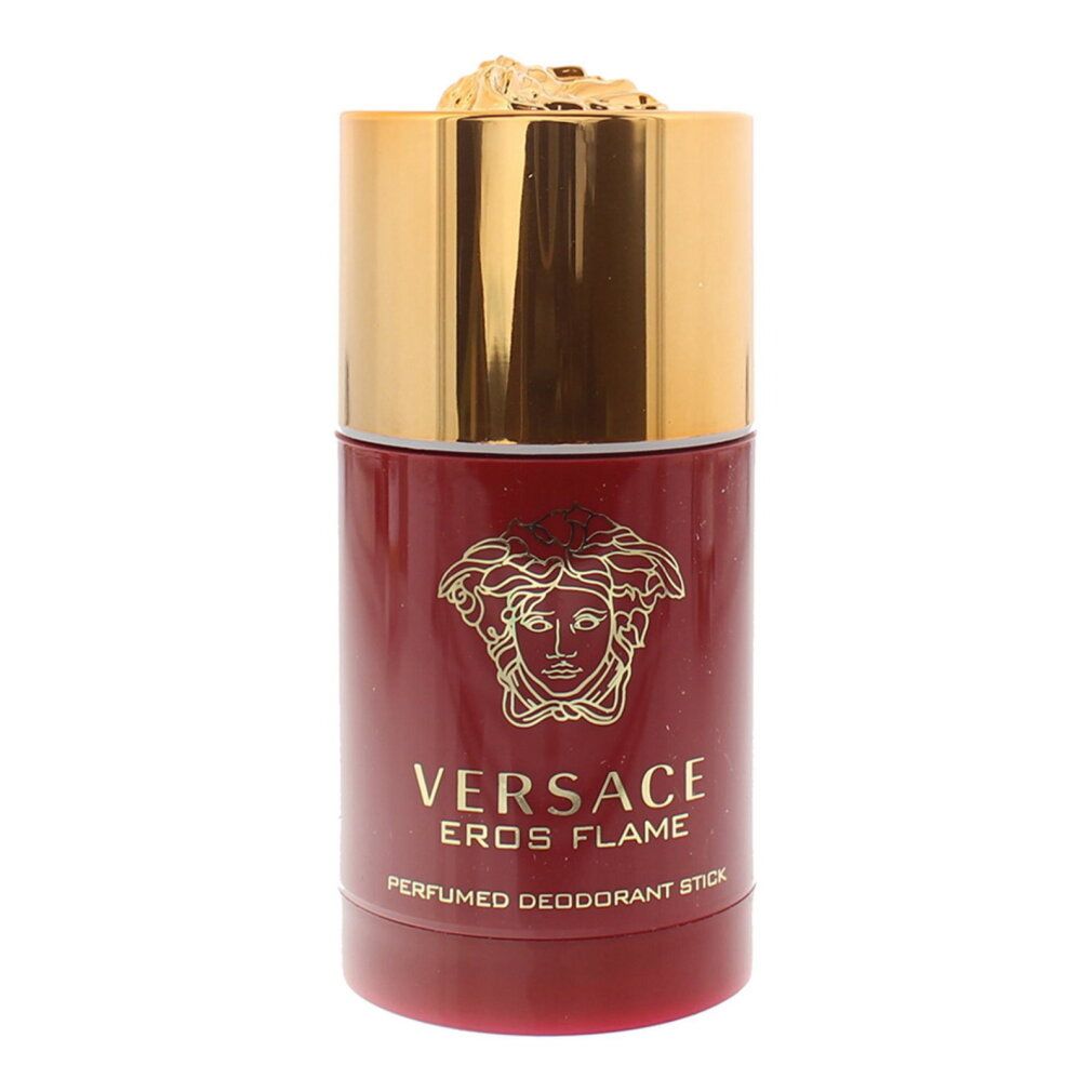 Deodorante stick profumato Versace Eros Flame, flacone rosso con tappo dorato e logo Medusa.