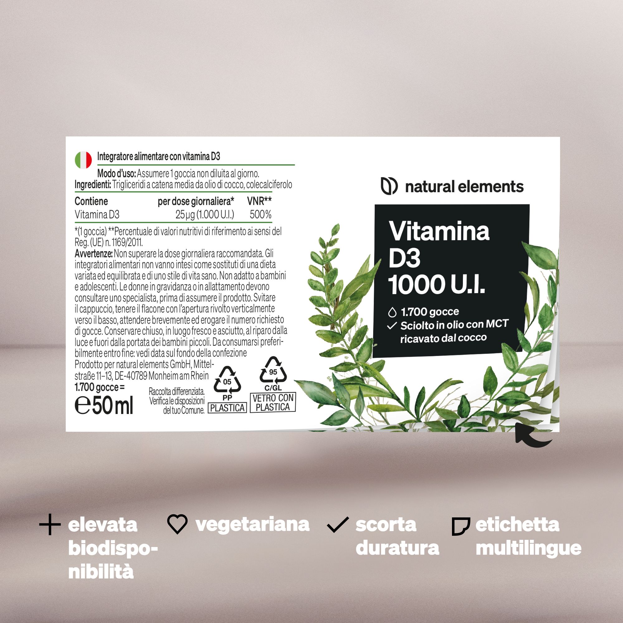 Etichetta di una bottiglia di gocce di Vitamina D3 1000 UI con dettagli su ingredienti e uso.