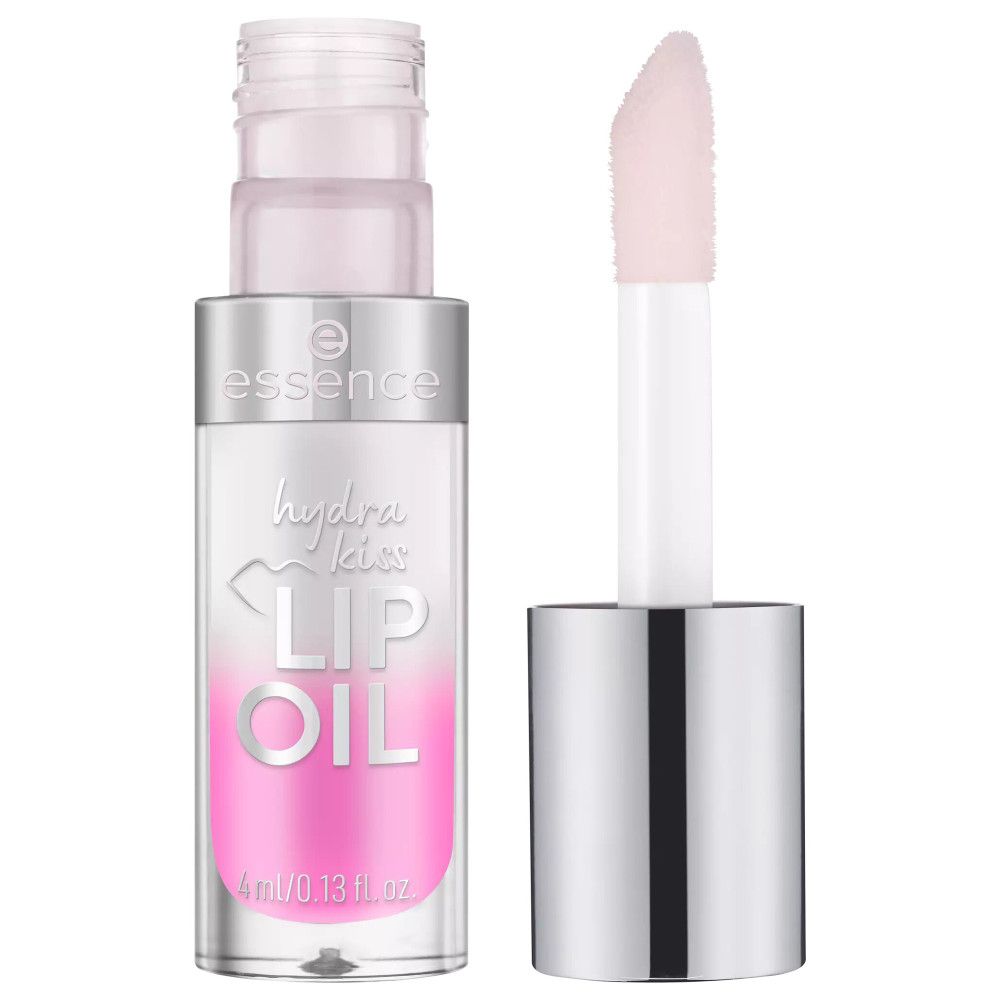 Flacone di olio per labbra con applicatore. Flacone trasparente con liquido rosa. Tappo argentato. Scritta: Hydra Kiss Lip Oil.