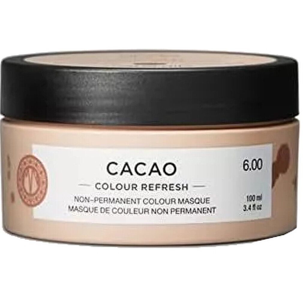 Barattolo beige con coperchio nero. Scritta "CACAO COLOUR REFRESH".