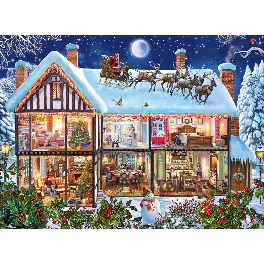 Puzzle con immagine di una casa in inverno. Babbo Natale sul tetto, vista delle stanze.