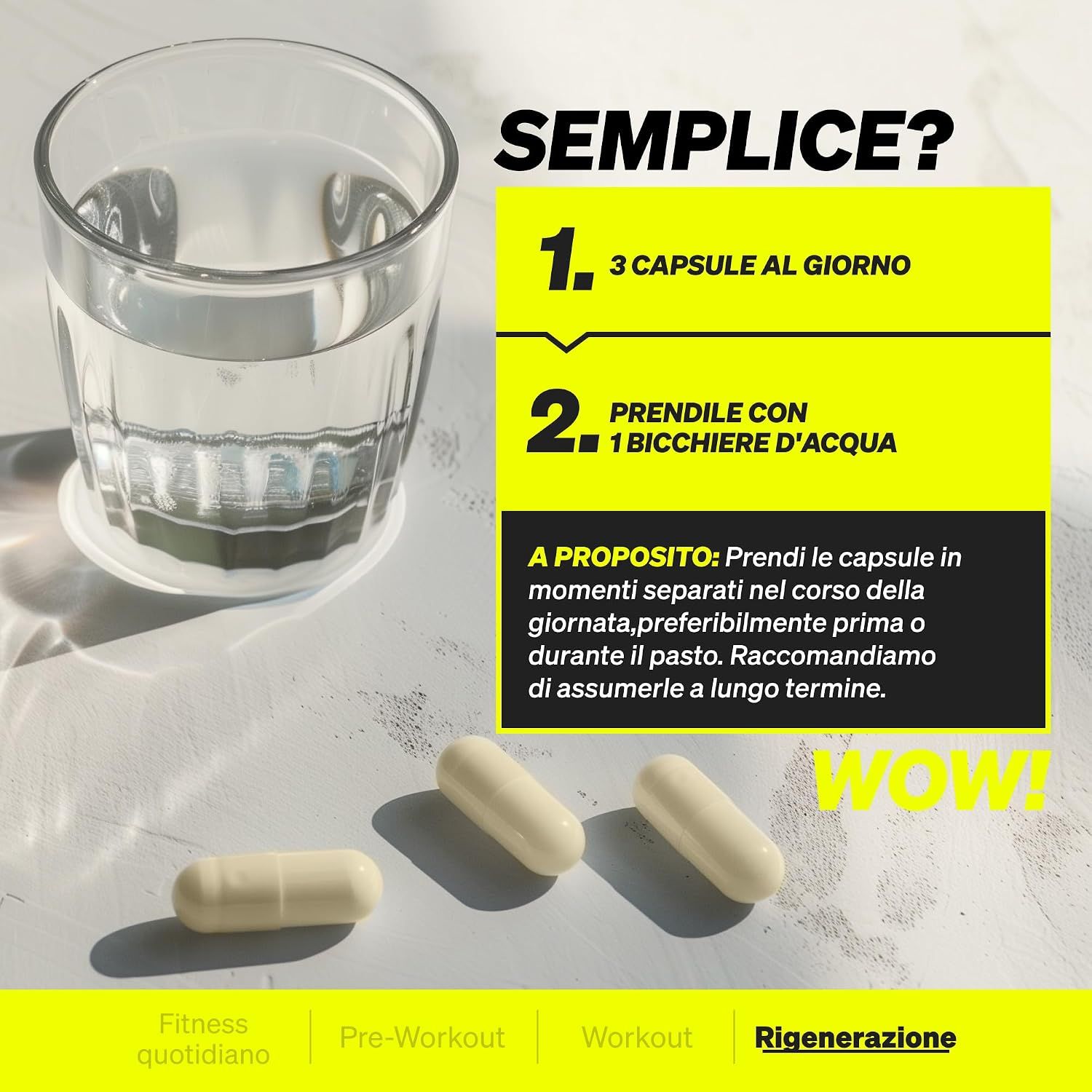 Capsule con acqua e un bicchiere d'acqua.