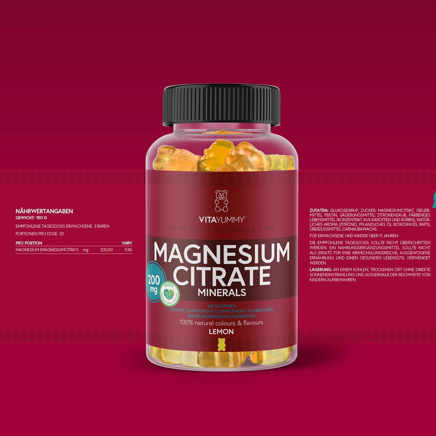 Gommosi Vitayummy Magnesiumcitrate, limone, in bottiglia. 200 mg di magnesio. Testo: 100% colori e aromi naturali.