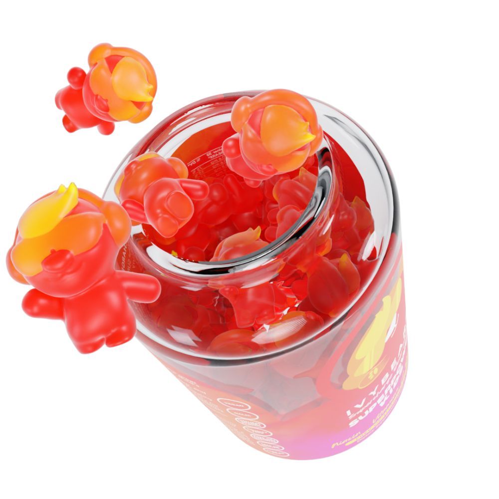 Vaso con orsetti gommosi rossi e gialli. Alcuni orsetti volano fuori. Nome del prodotto non visibile.