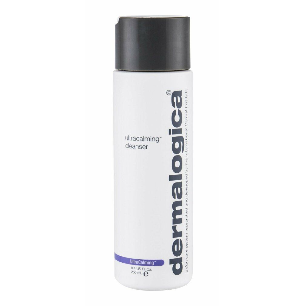 Flacone cilindrico con tappo nero. Scritta UltraCalming Cleanser e Dermalogica. Accento viola.